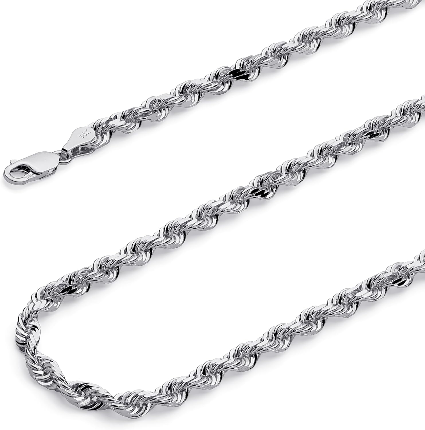 14k REAL Yellow/White Gold Solid 4mm, 3mm, 2.5mm, 2mm, 1.5mm Diamond Cut Rope Chain Necklace with Lobster Claw Clasp