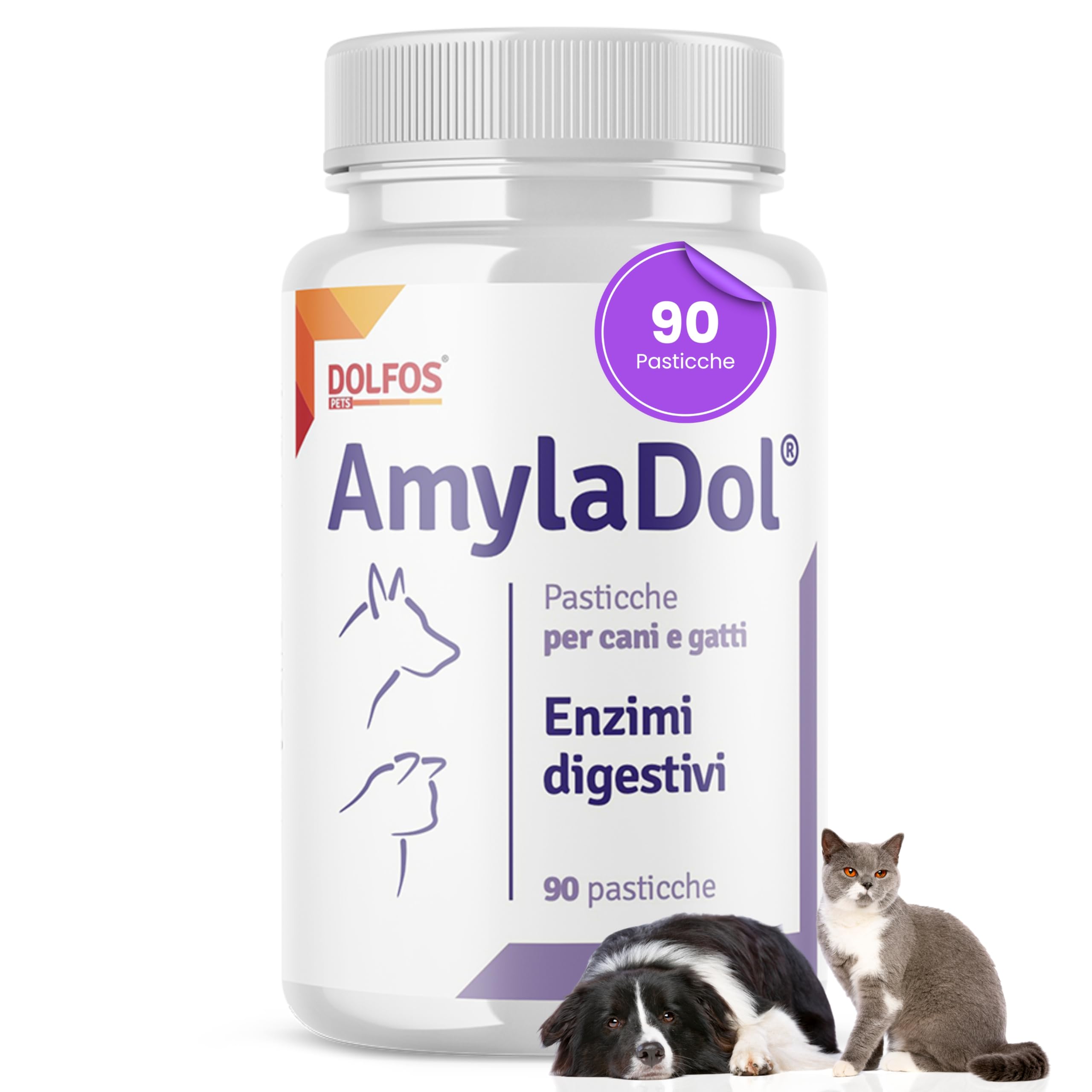 Pets Dolfos AmylaDol 90 Compresse Enzimi digestivi Naturali: Amilasi, Lipasi e Proteasi. Alimento complementare dietetico in Caso di disturbi digestivi dei Cani e dei Gatti