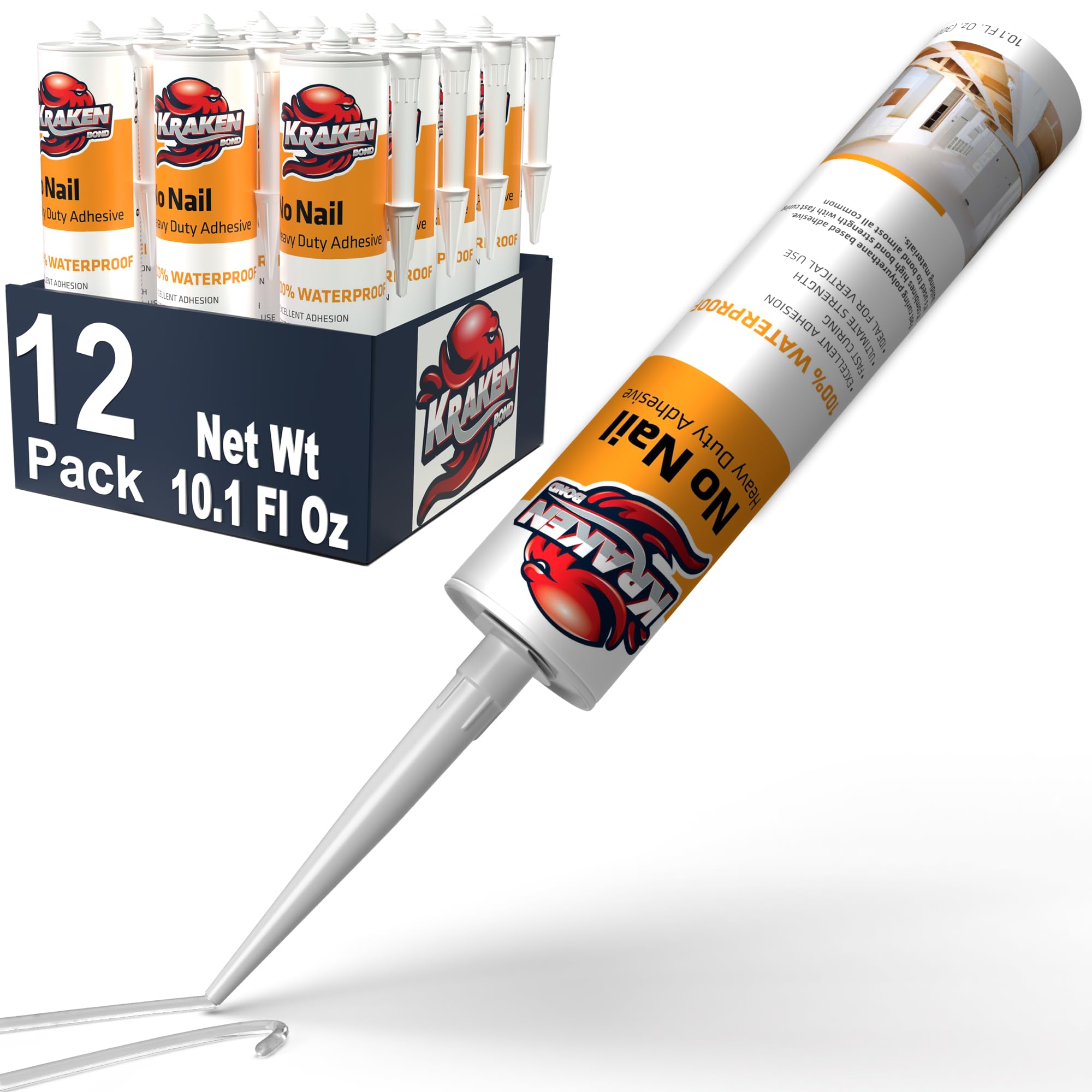 Kraken Bond No More Nails Heavy Duty Clear Adhesive - (12x10.1 Fl Oz) 100% Waterproof & Extra Strong Polyurethane Construction Sealant for Wood, Ceramic, Tile, Floor, Granite, Rubber - 12 Pack