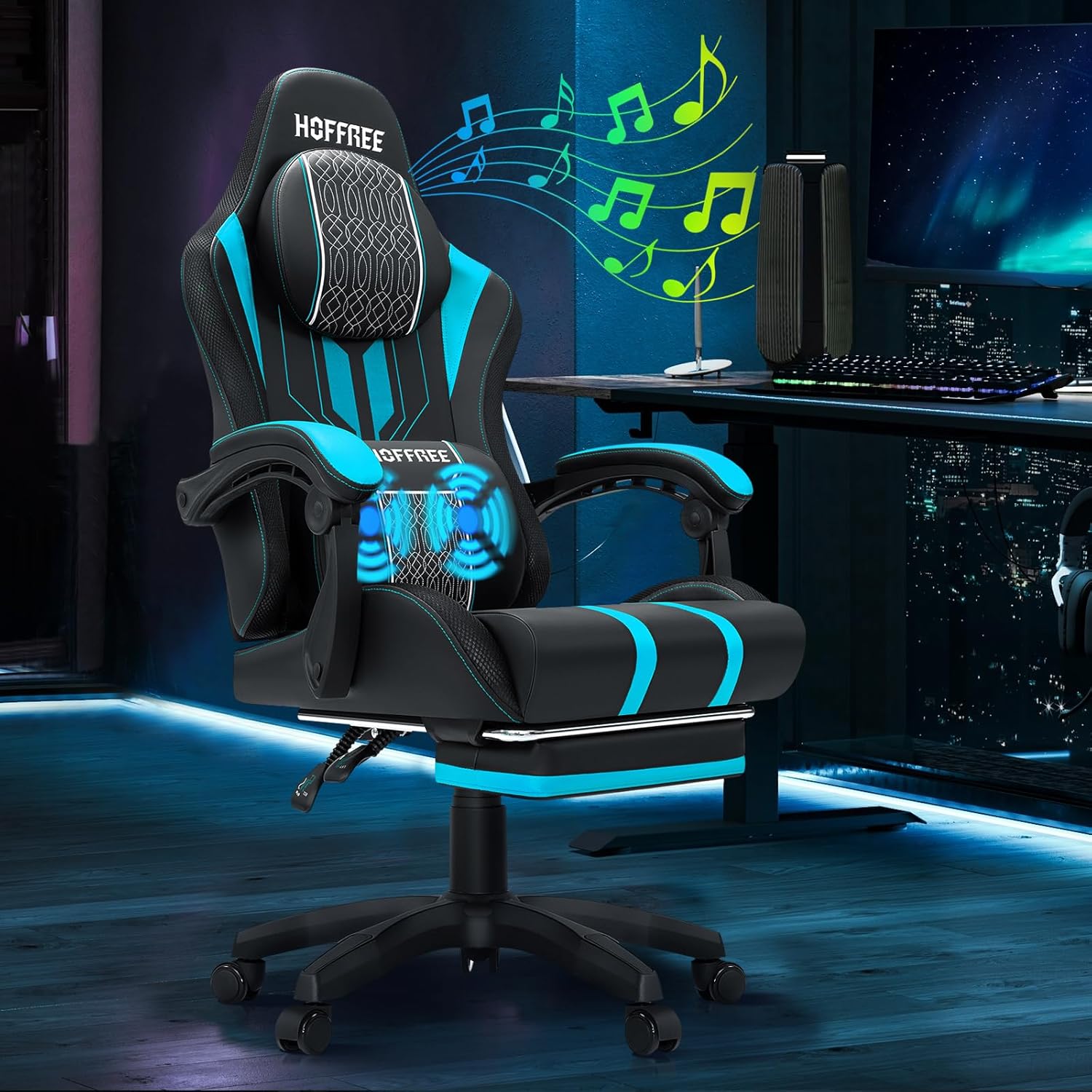 HOFFREE Gaming Chair with Speakers Massage Big and Tall Gaming Chairs with Footrest and Bluetooth for Adults 400lbs Reclining High Back Computer Desk Chair Blue and Black