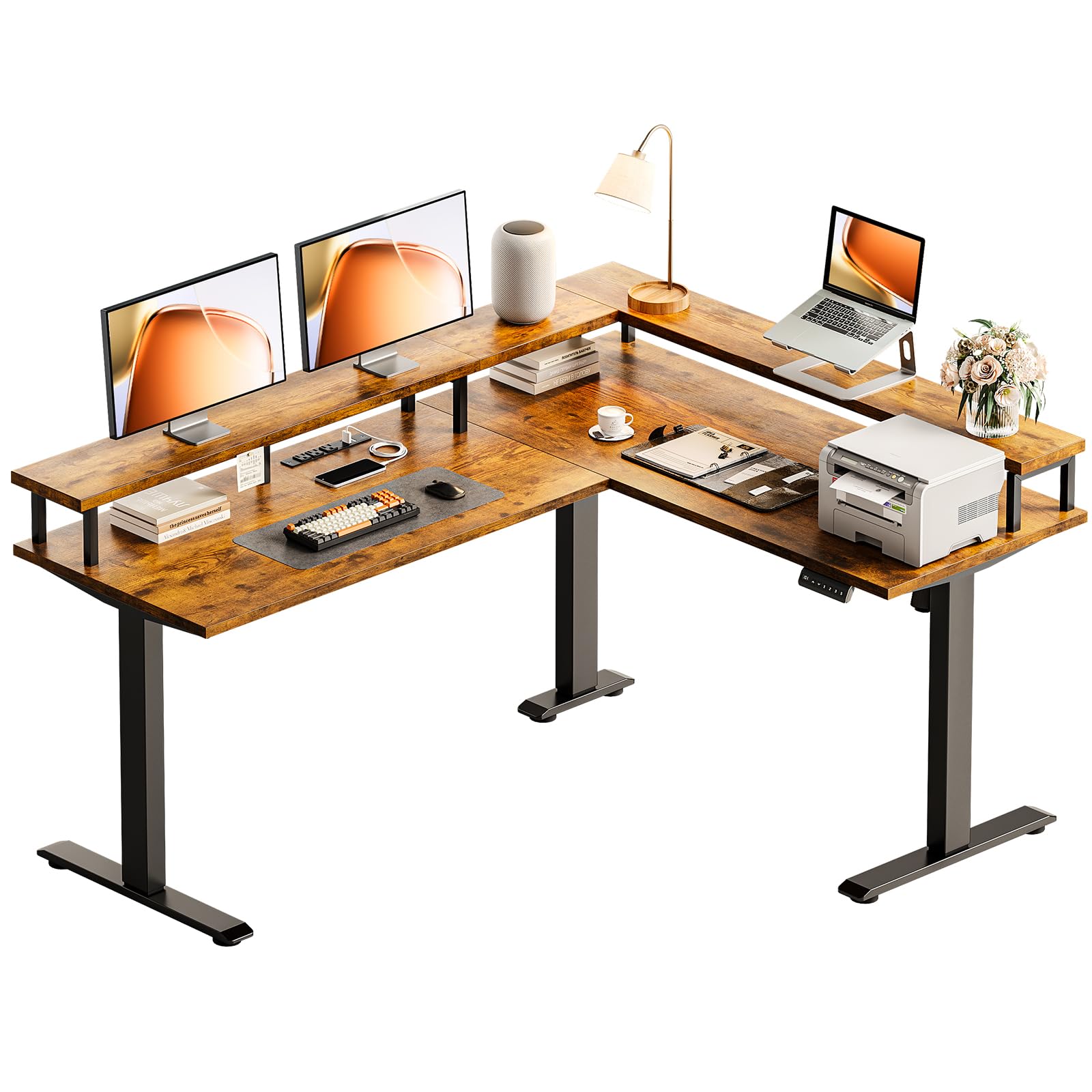 electric l shaped standing desk, 59 inch height adjustable stand up desk with power outlets ? full monitor stand, reversible corner desk for home office ? computer workstation, rustic brown