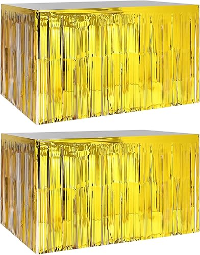 Miniatura 19 de Paquete de 2 faldas de mesa de oropel con flecos metálicos de 29.5 x 108 pulgadas para mesas rectangulares, falda de mesa de fiesta para bodas