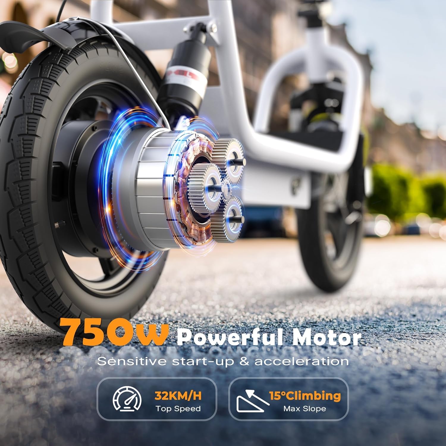 Electric Scooter for Adults with Seat- Peak 750W Motor,Foldable E-Scooter with Back Basket,14" Tire E Scooter with 48V 7.8AH Battery Up to 20MPH &32KM/h Range,Adults Ebike for Commuting Pets & Cargo — view 2
