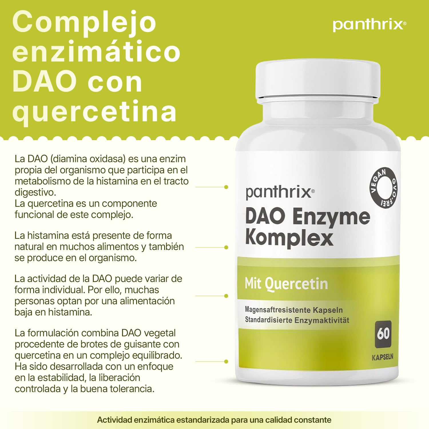Cápsulas de Enzima DAO Veganas con Quercetina | 60 Cápsulas Gastrorresistentes de Brotes de Guisante | Alta Tolerabilidad y Liberación Dirigida en el Intestino | Actividad DAO Equilibrada