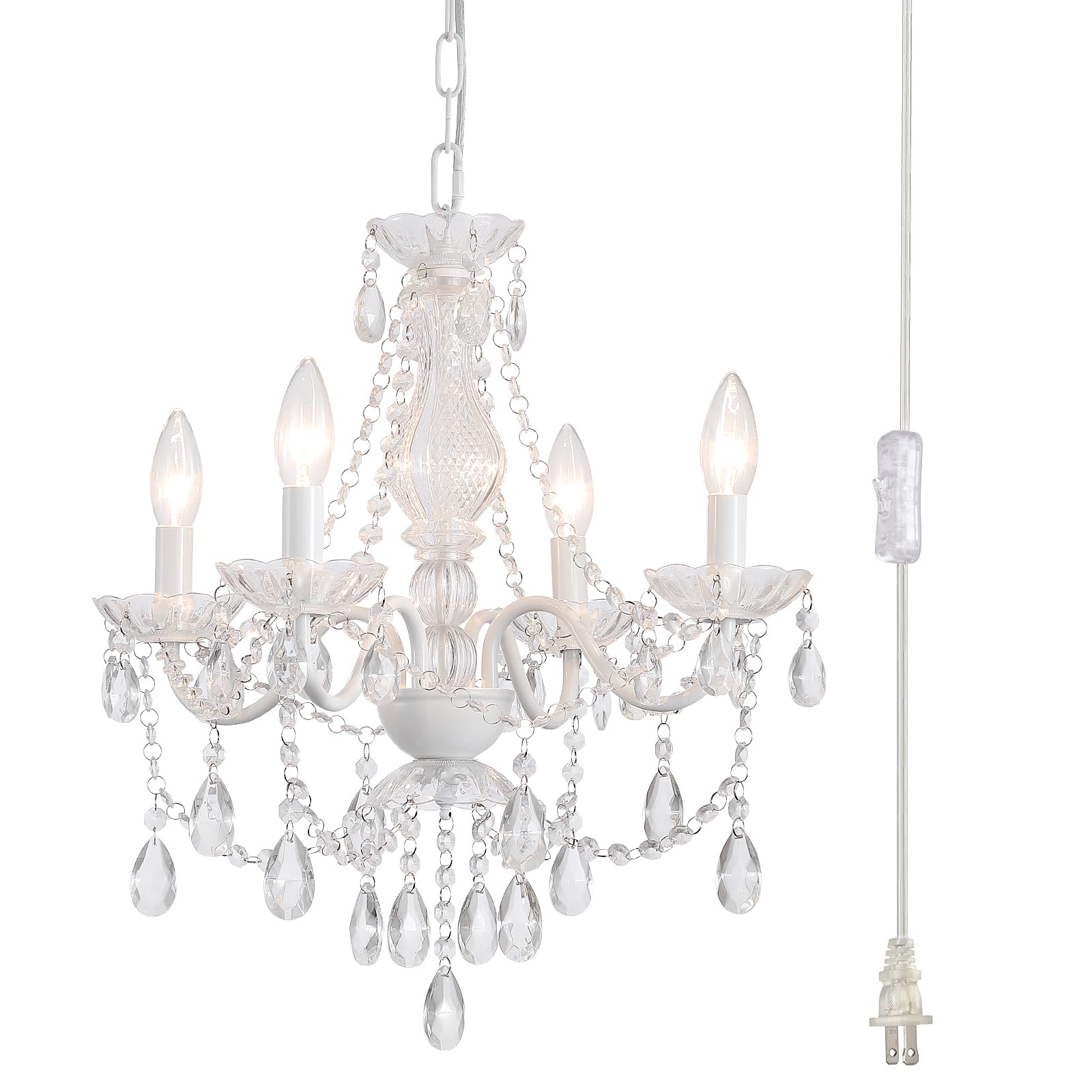 AMZASA 4-Light Plug-in White Crystal Chandelier