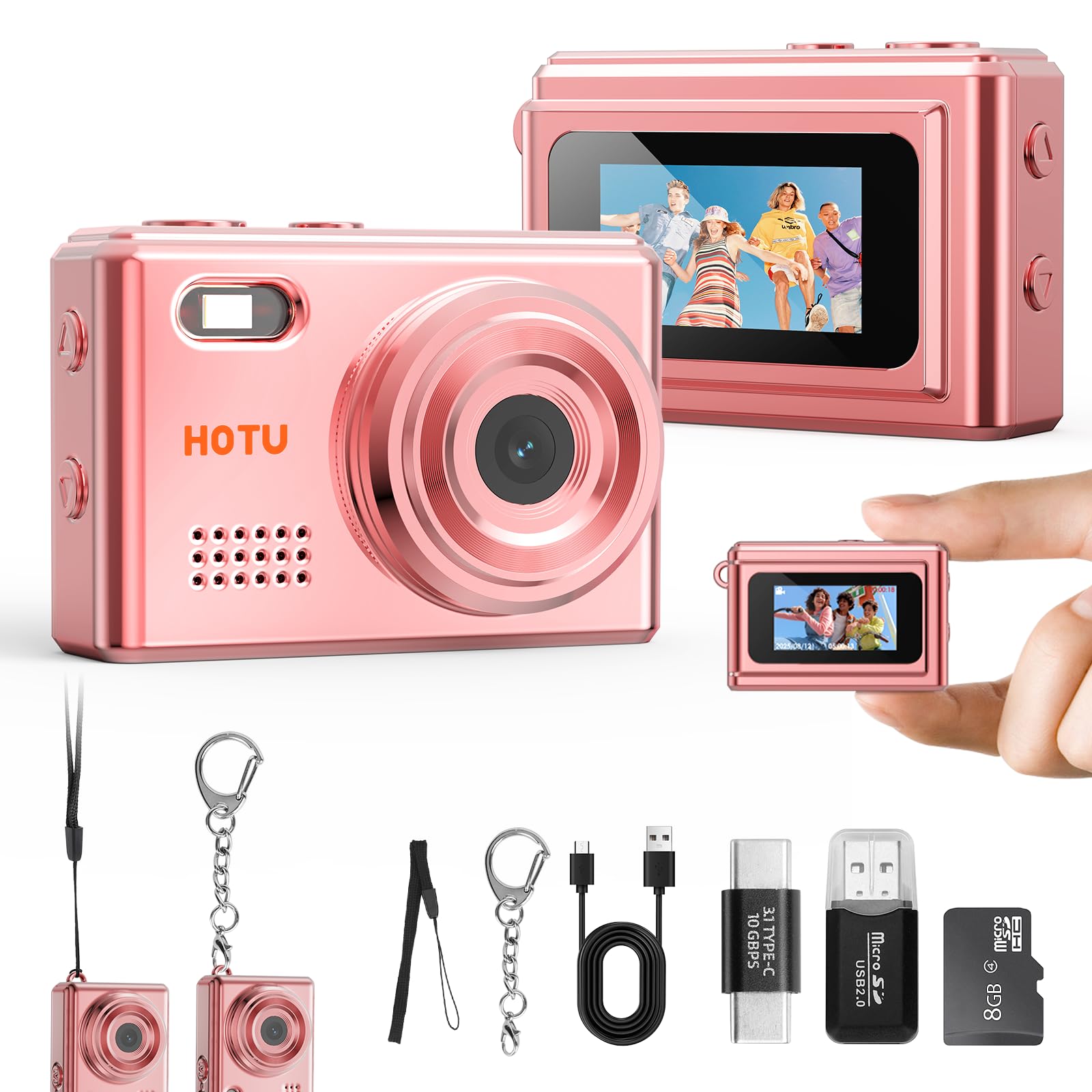 HOTU Keychain Camera, 1080P Mini Digital Camera with 32GB Card, Y2K Pocket-Size Mini Keychain Camera, Video Recorder with Long Battery Life for Travel, Party and Vlog (Rose Gold)