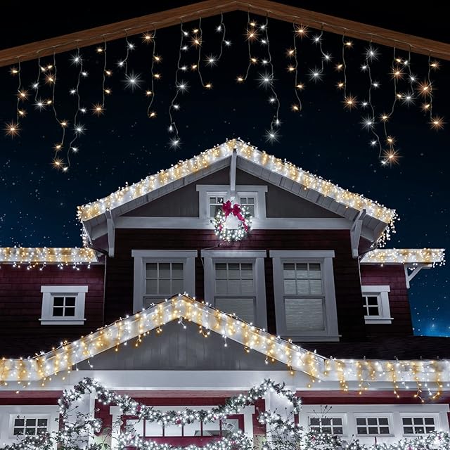 ANSIO® Outdoor Christmas Lights 320 LED 11m/35ft Icicle Lights Outdoor & Indoor Warm White & Cool White Decorations String Fairy Outside Lights with Timer for Xmas Garden & Party | Mains Green Cable