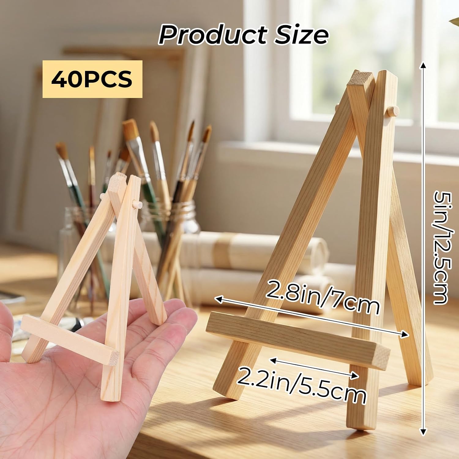 40 Pack 5 Inch Mini Wooden Easel Stand Natural Wood Tripod Easel Display Holder for Small Canvas, Photos, Business Cards, Wedding Tabletop, Crafts and DIY Art