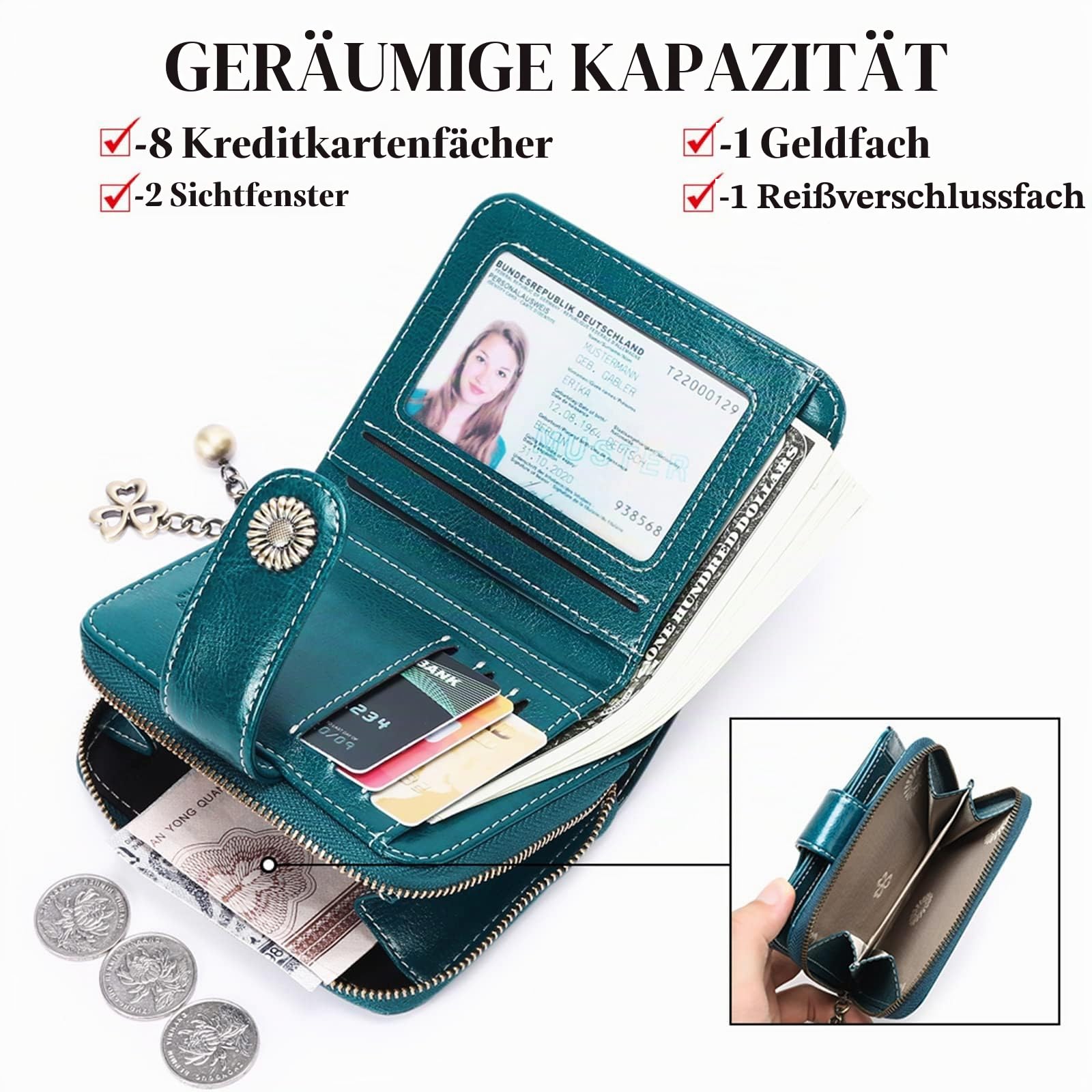 SENDEFN Geldbörse Damen Klein,Geldbeutel Frauen Leder, mit Münzfach Kleines Zipper Brieftasche Kartenhalter mit RFID Blocker