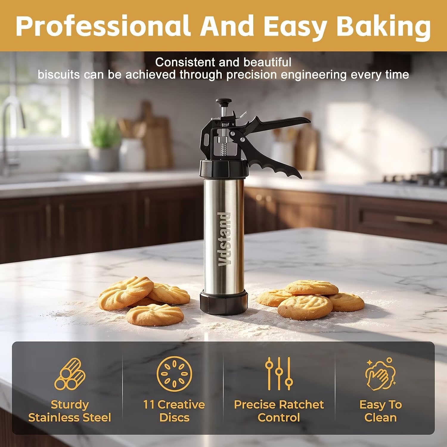 3-in-1 Cookie Press and Churro Maker, Stainless Steel Baking Gun