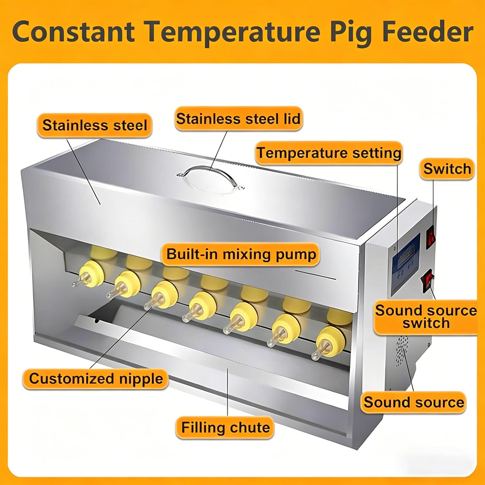 Dispensador automático de Leche para lechones de Acero Inoxidable con Orificio de Sonido, tetina de Gel de sílice 10/14, Dispositivo de agitación automático para la alimentación 15L/10Nipples