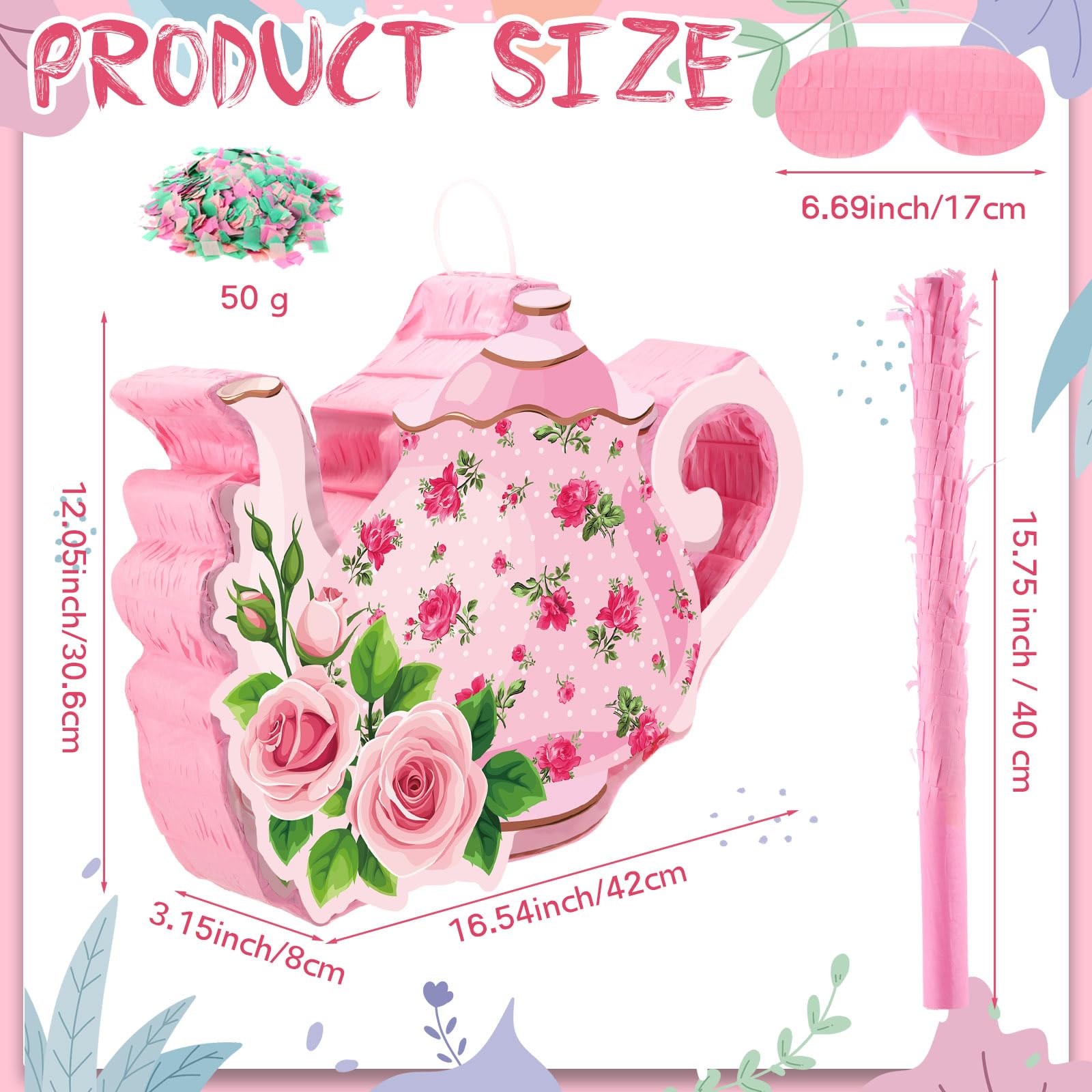 Aoriher 4 Piezas Set de Piñata de Fiesta de Té Decoración de Fiesta Temática de Flor Piñata de Tetera Taza Pequeña Venda de Ojos Palo y Confeti para Suministro Recuerdo Cumpleaños Niños (Tetera)