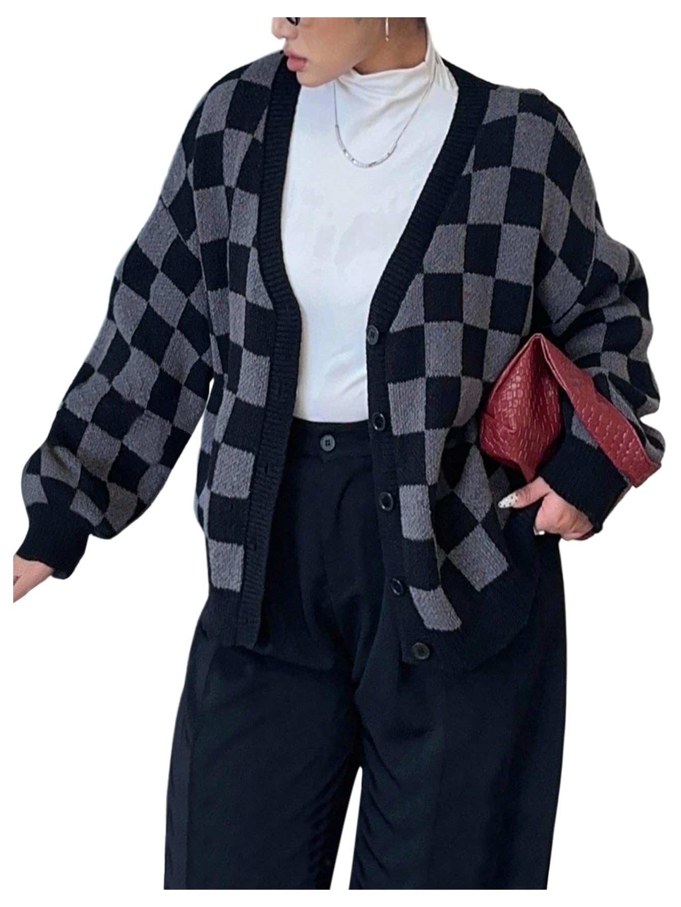 SOLY HUX Womens Plus Size Plaid Checkered Cardigan Sweater Button Down V Neck Long Sleeve Fall Winter Outerwear