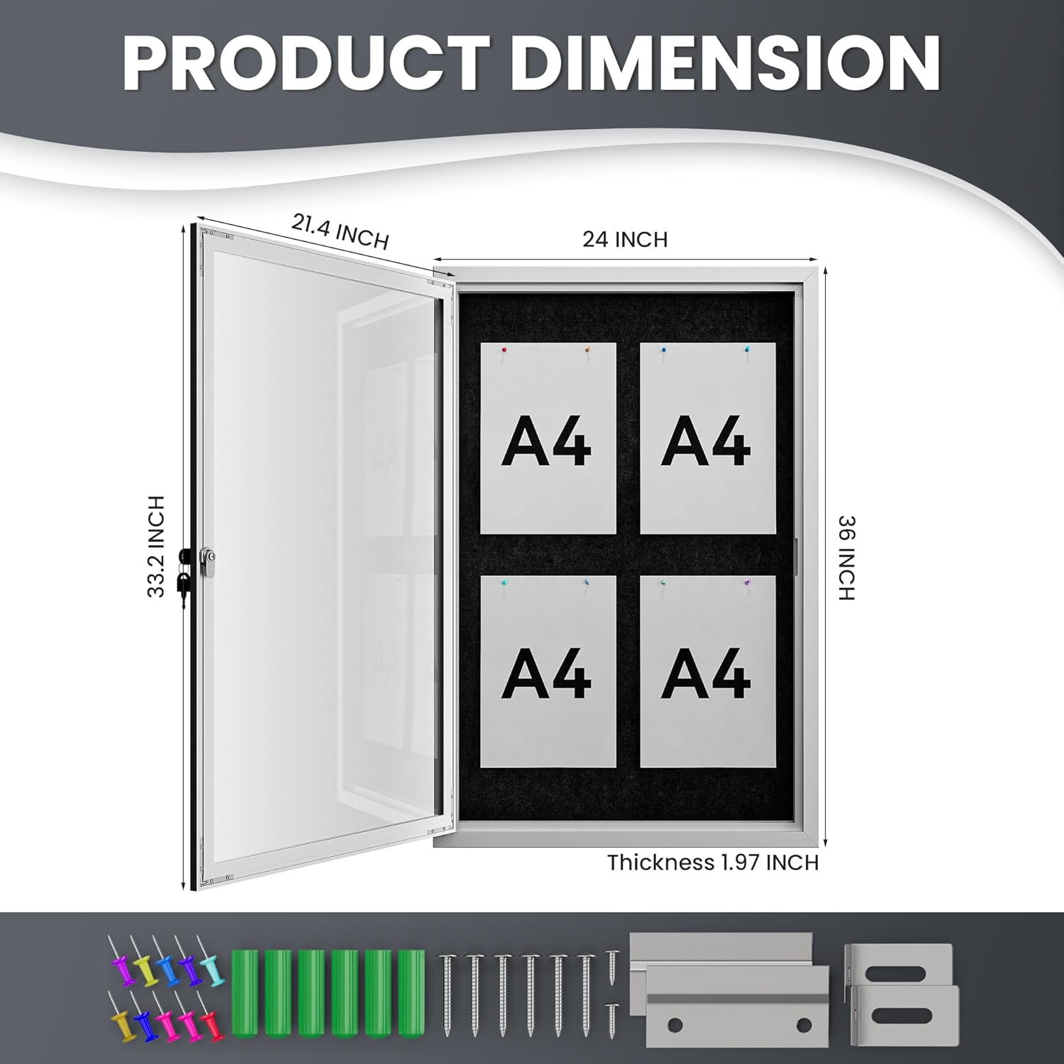 36"x24" Lockable Enclosed Bulletin Board, Outdoor Flet Weather-Resistant Aluminum Frame Notice Board, Wall Mounted Display Case Acrylic Doors for School,Office,Silver Frame w/Black Flet