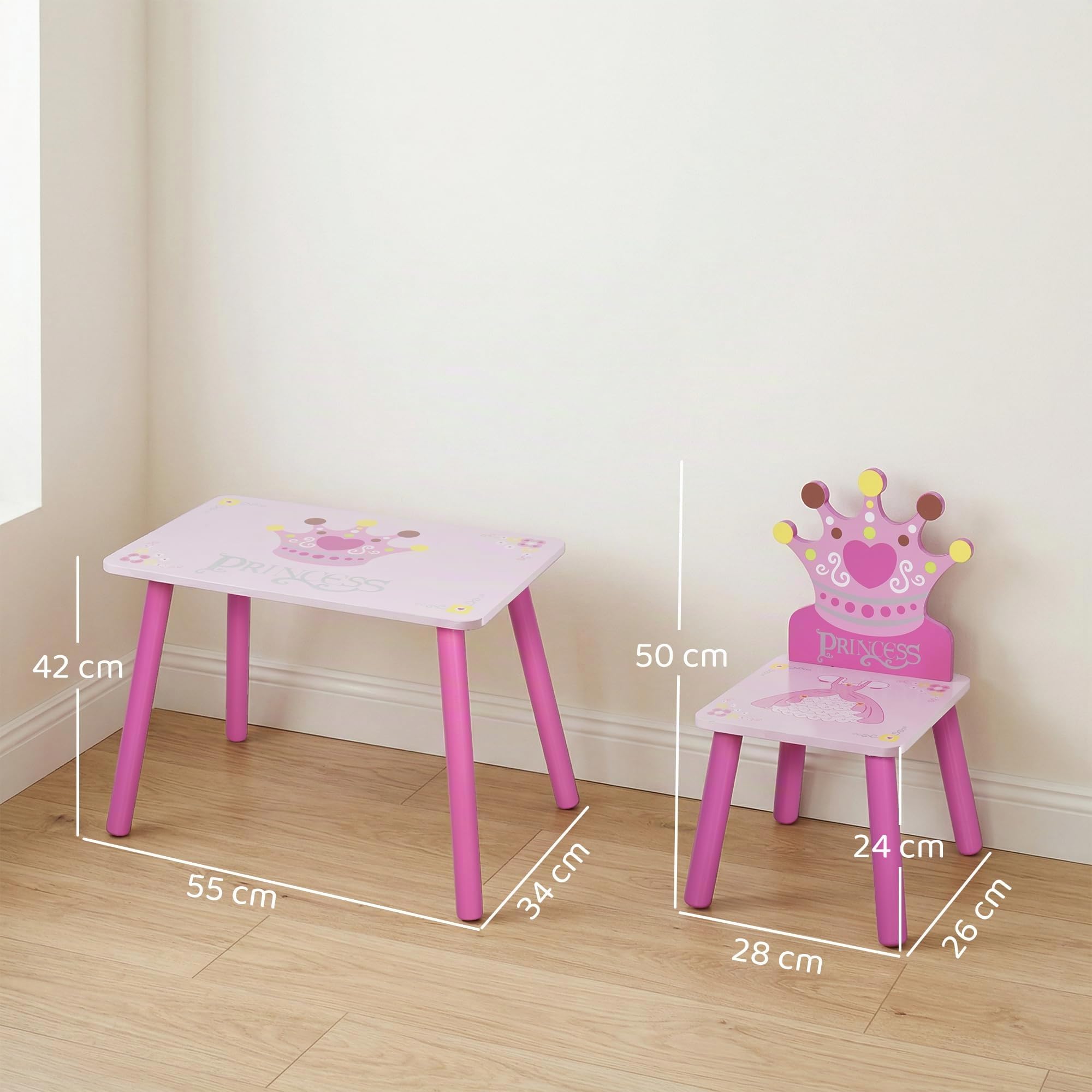 HOMCOM Juego de Mesa y 2 Sillas Infantiles de Madera Set de Mesa de Escritorio 55x34x42 cm y Sillas 28x26x50 cm para Niños 2-4 Años para Salas de Juego Dormitorio de Niño Rosa