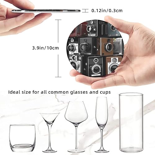 Miniatura 6 de Retro Cool Camera Collection Coasters Set of 6 with Holder Non-Slip Leather Coaster for Drinks Round Drink Coaster for Tabletop Protection, Cup Mat