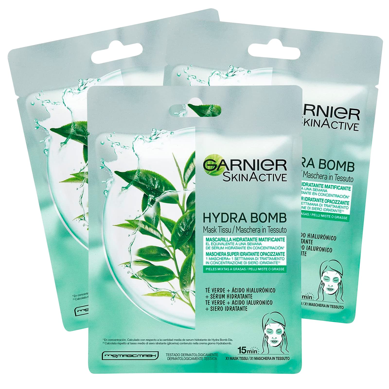 3x Garnier SkinActive Hydra Bomb Mascarilla Facial en Tela Hidratante y Matificante con Té Verde y Ácido Hialurónico