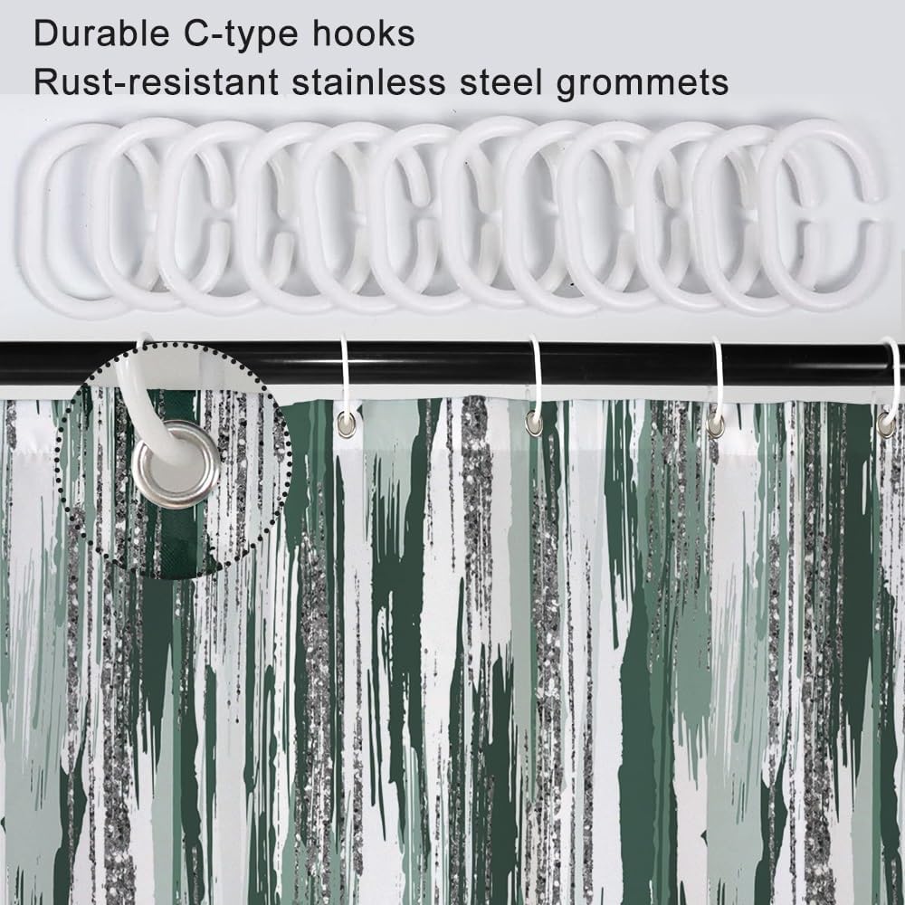 Green Shower Curtain, Modern Abstract Ombre Sage Green and Silver Shower Curtain Set with Hooks Waterproof Minimalist Aesthetic Bathroom Curtain, 72x72 Inch - Image 5