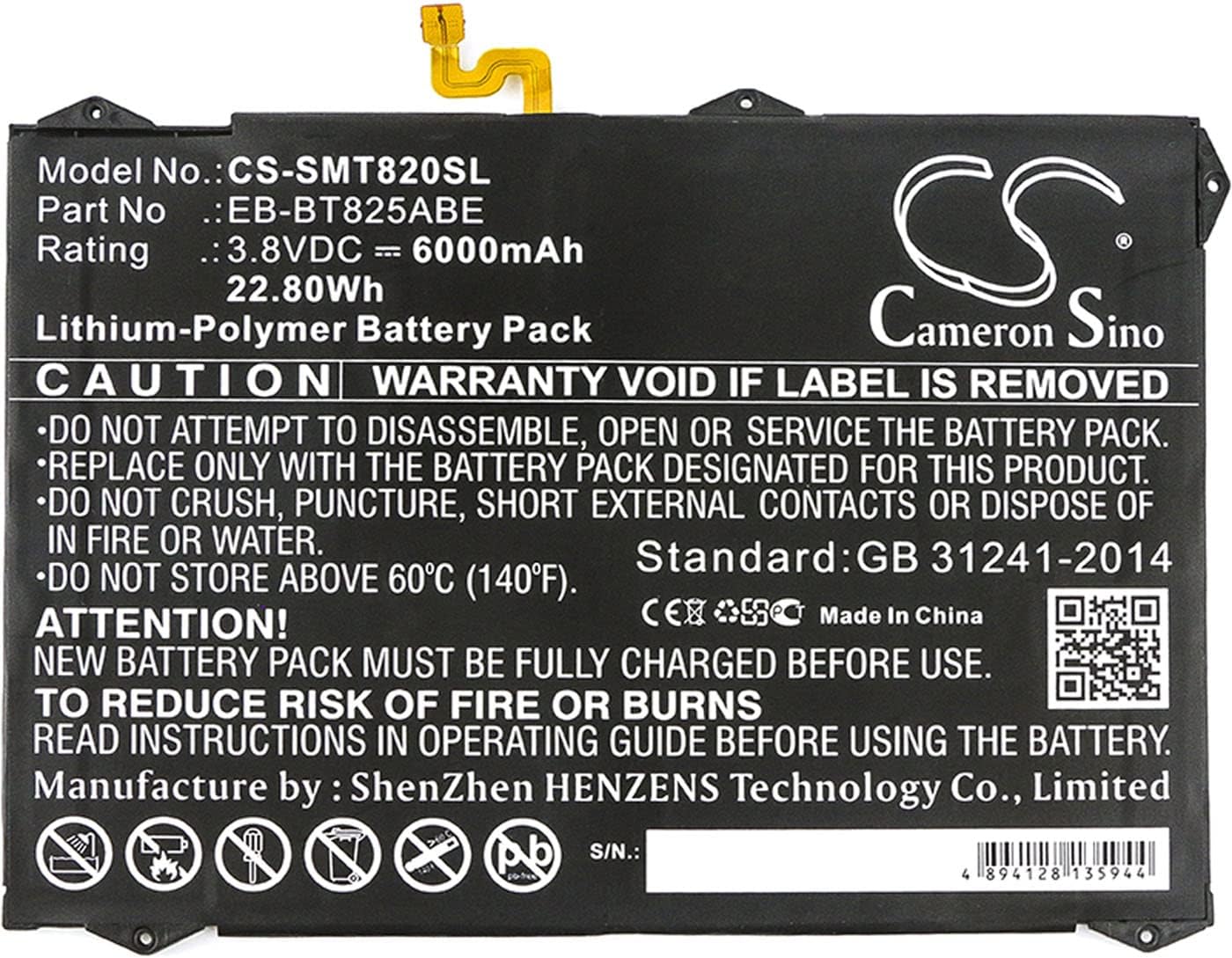 Cameron Sino Battery for Samsung Galaxy Tab S3 9.7, Galaxy Tab S3 9.7 XLTE, SM-T820, SM-T825, SM-T825C, SM-T825N0, SM-T825Y, SM-T827V 6000mAh