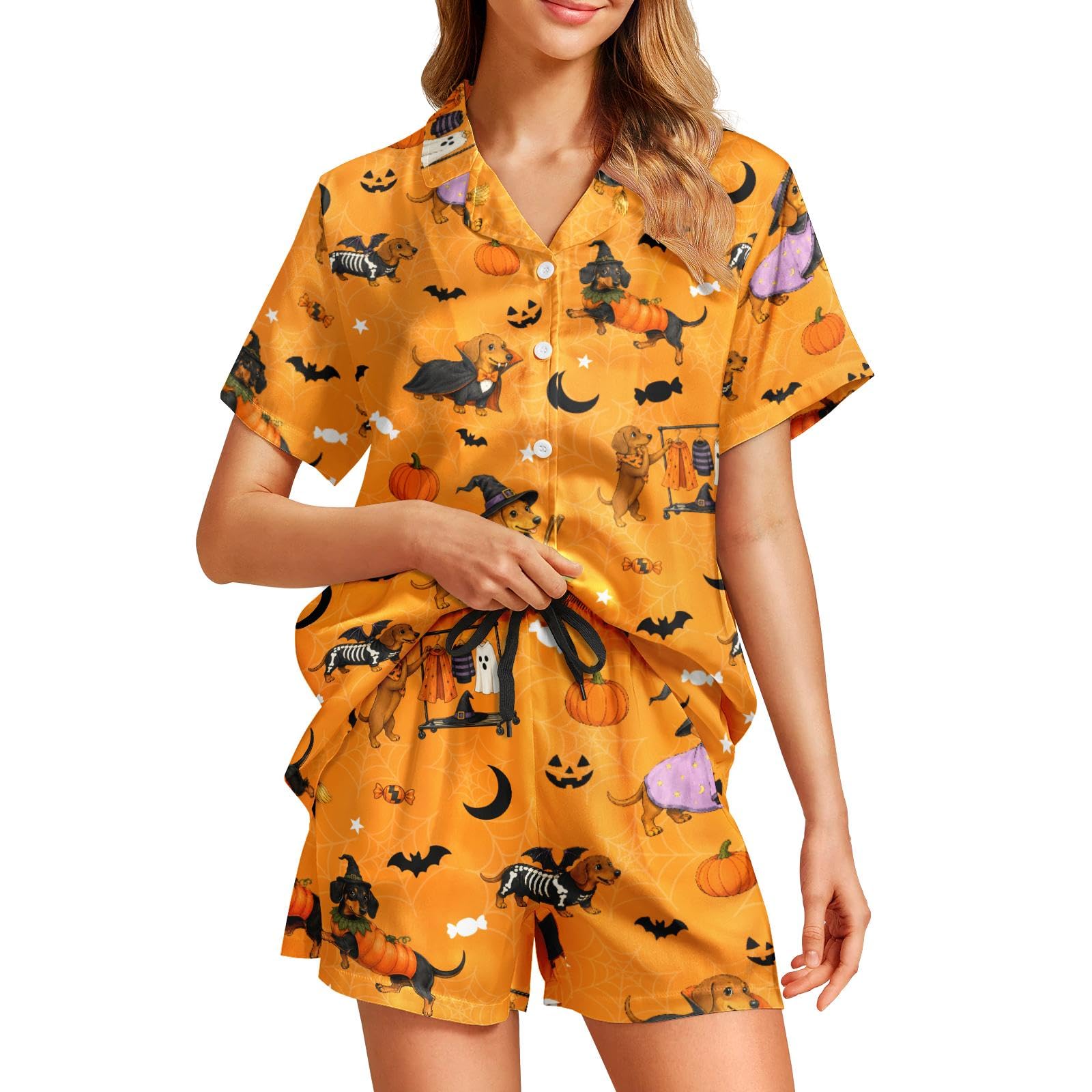 Funny Pajamas for Women Set Print Satin Loungewear Pjs Short Sleeve Button Down Top and Shorts Sets Sleepwear XS-3XL