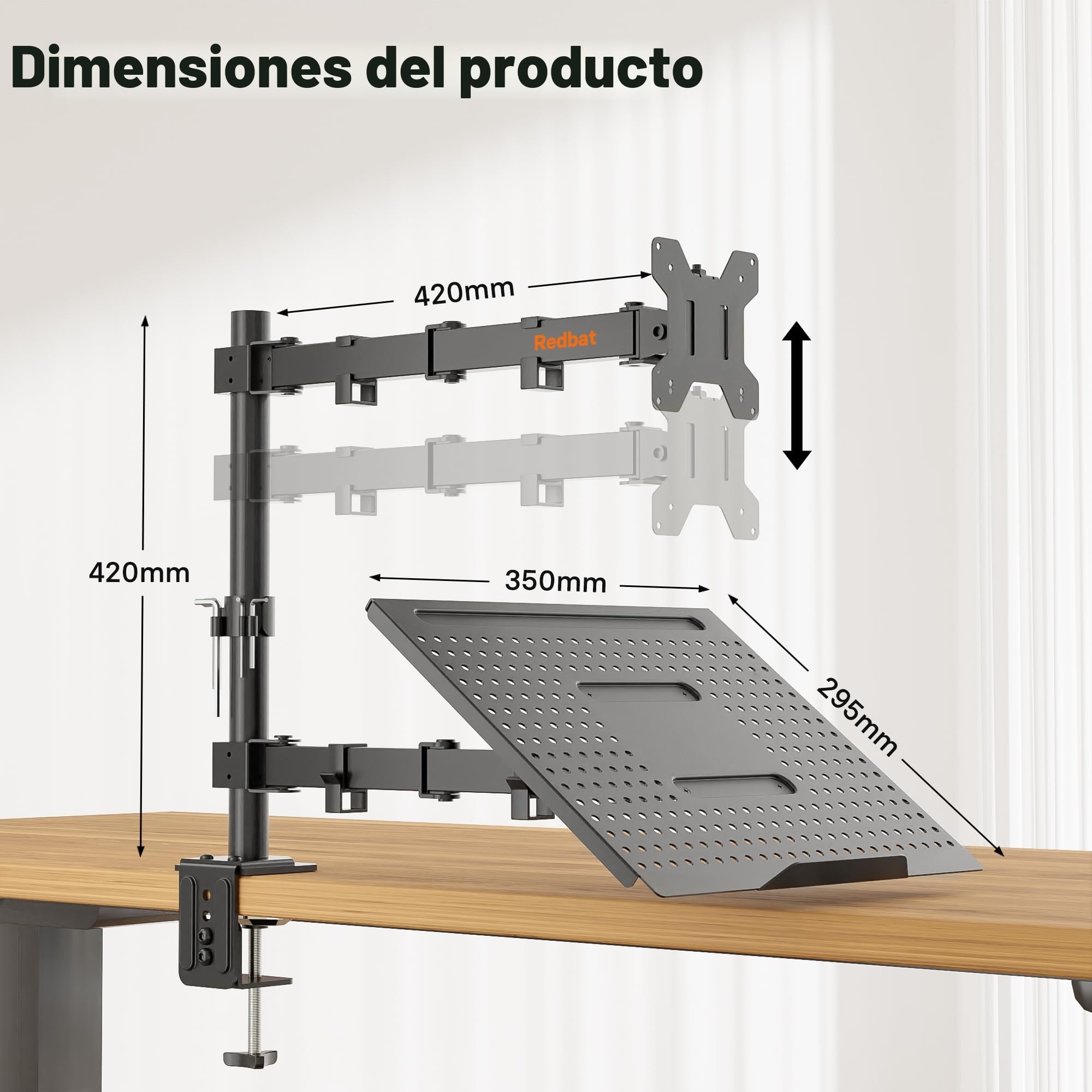 REDBAT Brazo para Monitor de 13 a 32 Pulgadas Pantalla LED LCD, con Bandeja para Portátil hasta 16 Pulgadas, Soporte con VESA de 75/100 mm, 2 Opciones de Montaje