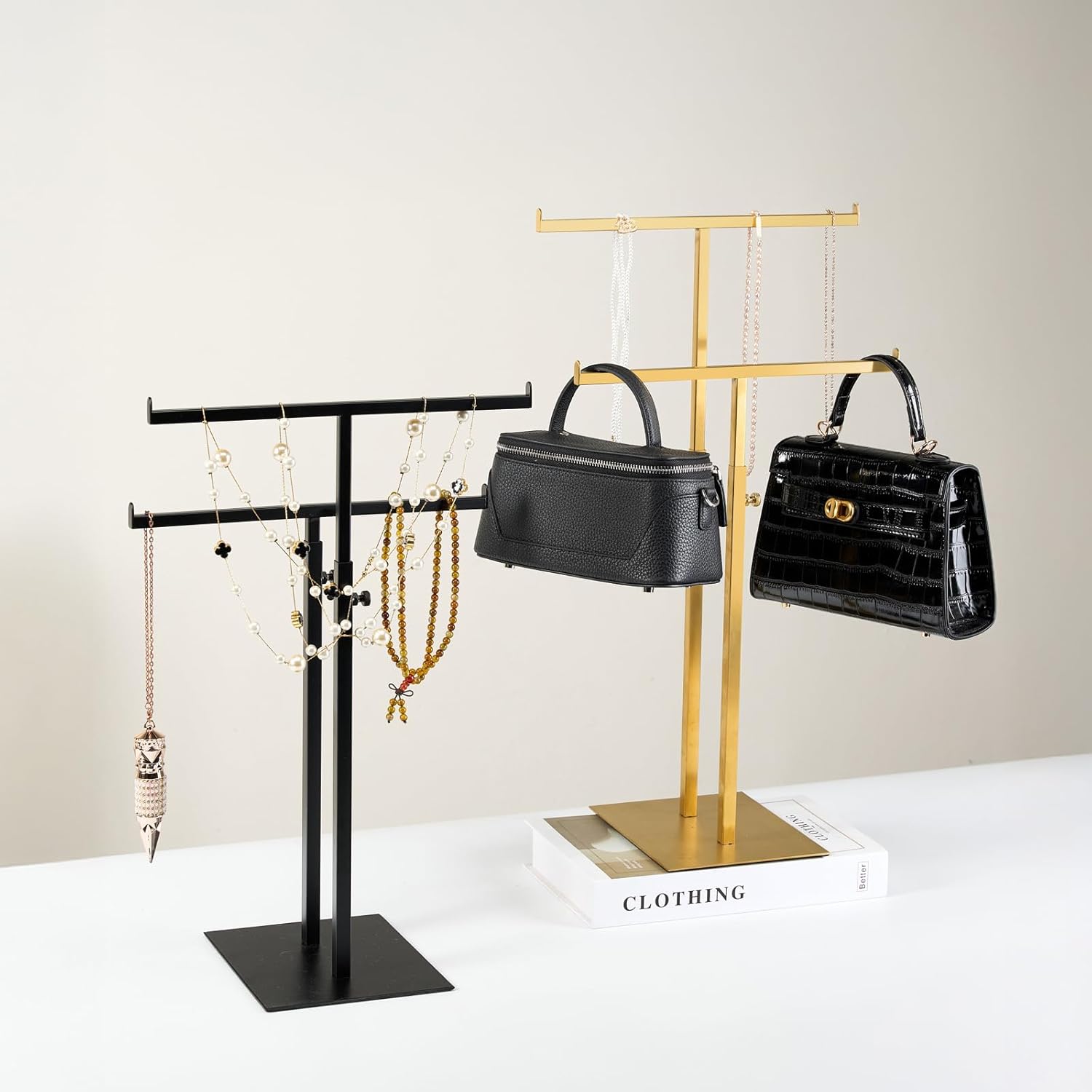 Purse Display Stand Jewelry Towers, Double T-Shaped Tabletop Stainless Steel Hook Hanging Adjustable Height Handbag Holder for Organizer Luxury Bags Necklaces Home Store Boutique Retail Closet - Image 5
