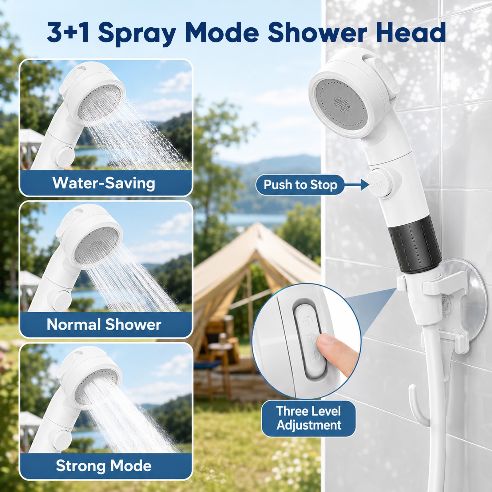 Douche de camping avec tige chauffante, douche d'extérieur avec pompe batterie 5200 mAh, kit pompe de douche avec fonction chauffage et réservoir d'eau de 20 l, pompe de camping pour voyage