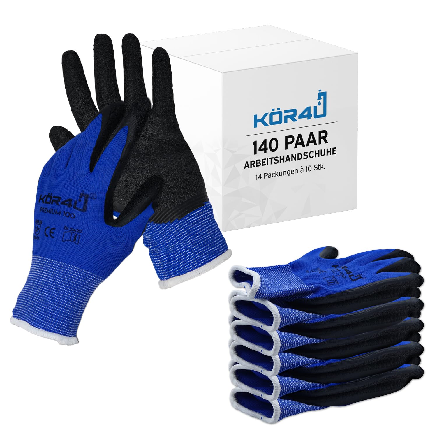 kör4u 140 Paar Arbeitshandschuhe Latex-beschichtet atmungsaktiv, guter Grip