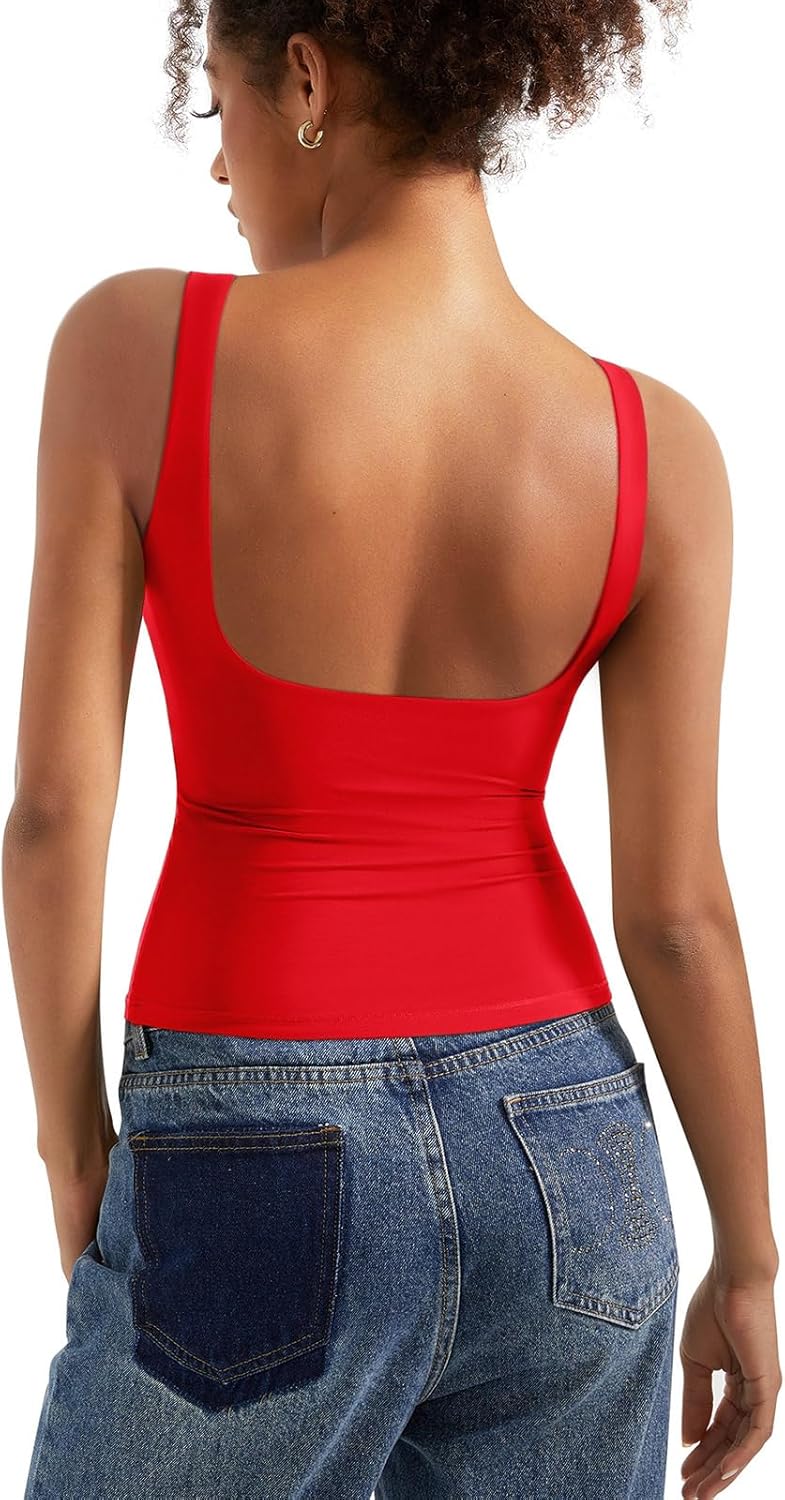 SUUKSESS Women Padded Open Back Boat Neck Tank Tops Double Lined Basic Shirts