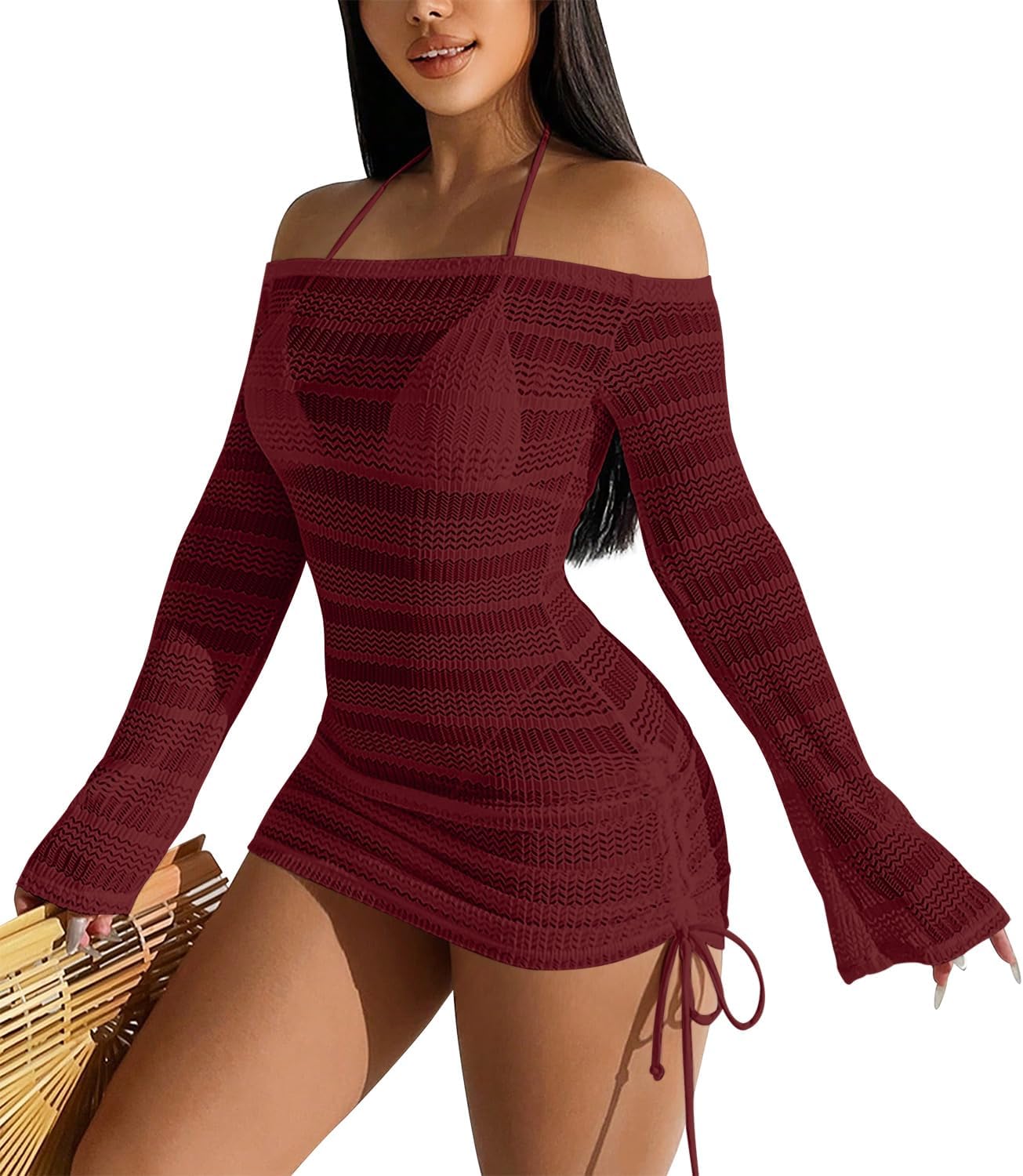 ALIREVERIE Summer Women's Sexy Mesh Hollow Out Off Shoulder Bathing Suit Coverups Long Bell Sleeve Ruched Drawstring Swimsuit