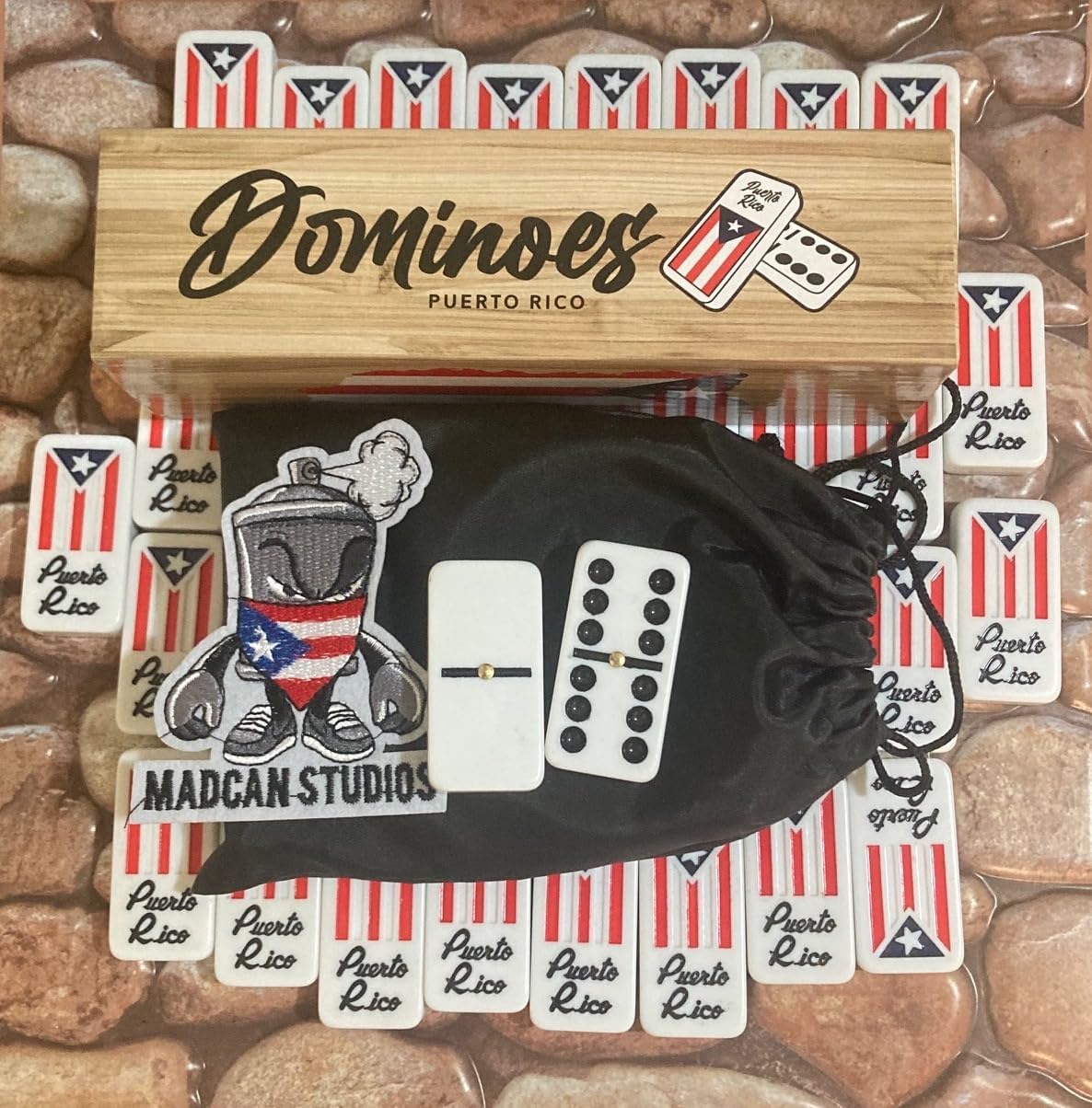 Puerto Rico Dominoes Set, Travel Bag No Wood Box Puerto Rican Domino Set, Boricua Style Accessories Double six Large Adult Size Dominos with Puerto Rico Flags
