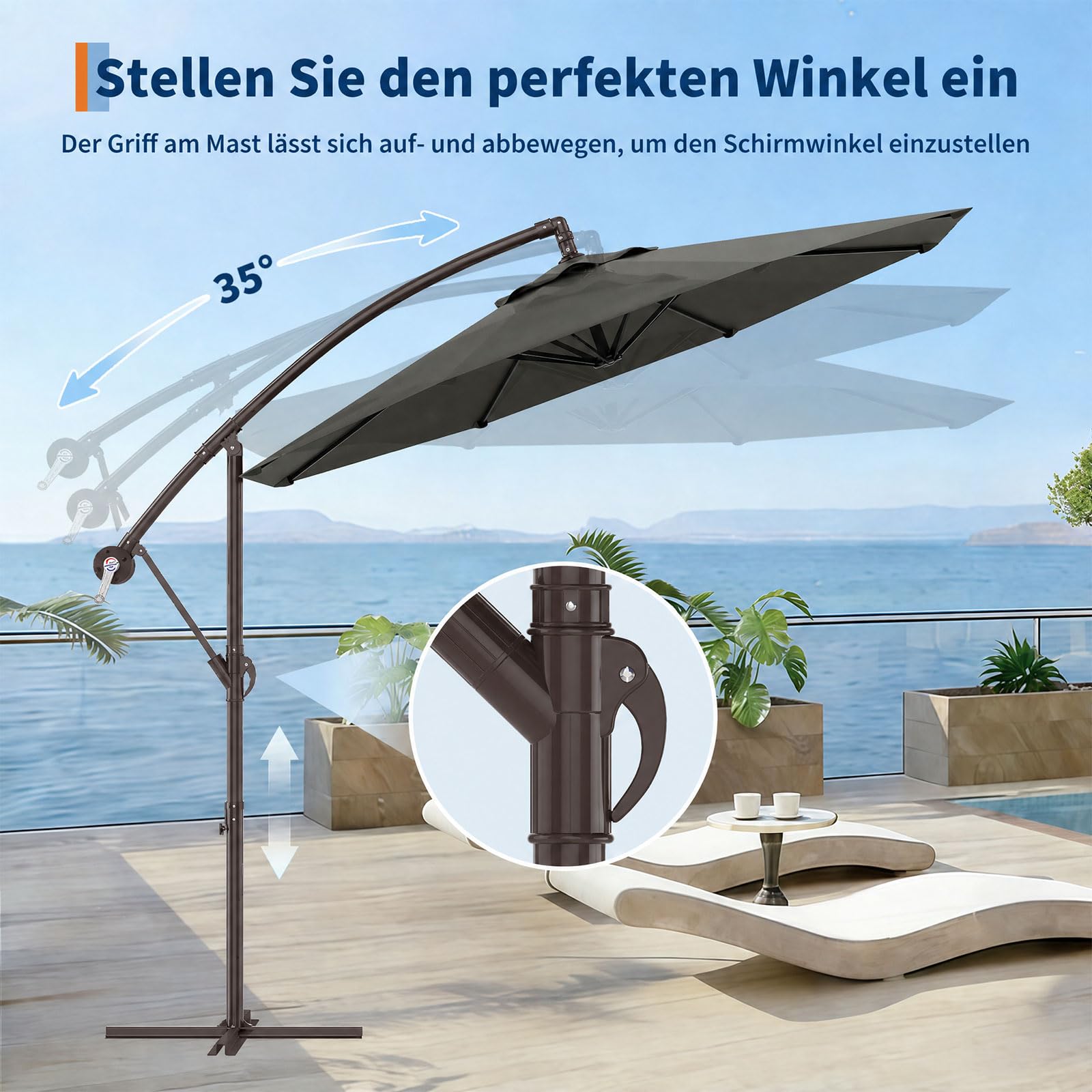 GarveeLife Sonnenschirm Ø300cm Ampelschirm 360° drehbar Gartenschirm mit Kurbel UV-Schutz UPF 50+ Wasserabweisender Gartenschirm mit Schutzhülle und Ständer für Terrasse Balkon