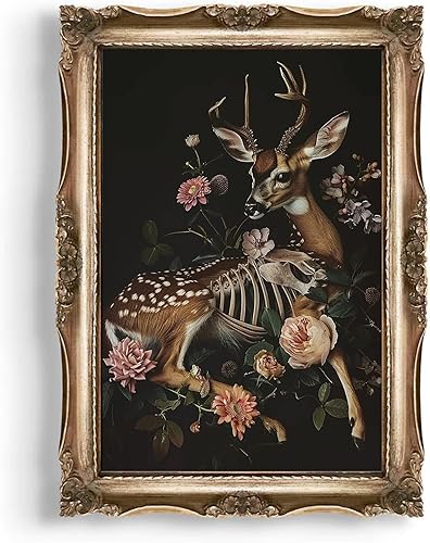 Eeuqiauot Arte de pared de animales góticos, póster de academia oscura, lienzo vintage con estampado de ciervos, estampado de ciervos con flores,