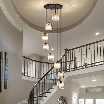 8 Light Raindrop Crystal Chandelier Black | E27 Bulb Base Long Pendant Light for High Ceilings Staircase Foyer Entryway and Living Room [Energy Class E]