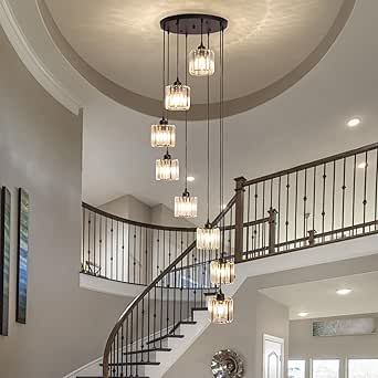High Ceilings Long Chandeliers Modern Crystal Long Pendant Light,8 Lights Long Raindrop Hanging Chandeliers,Hanging Flush Mount Chandelier Ceiling Light for Staircase, Foyer Entryway 8 Lights