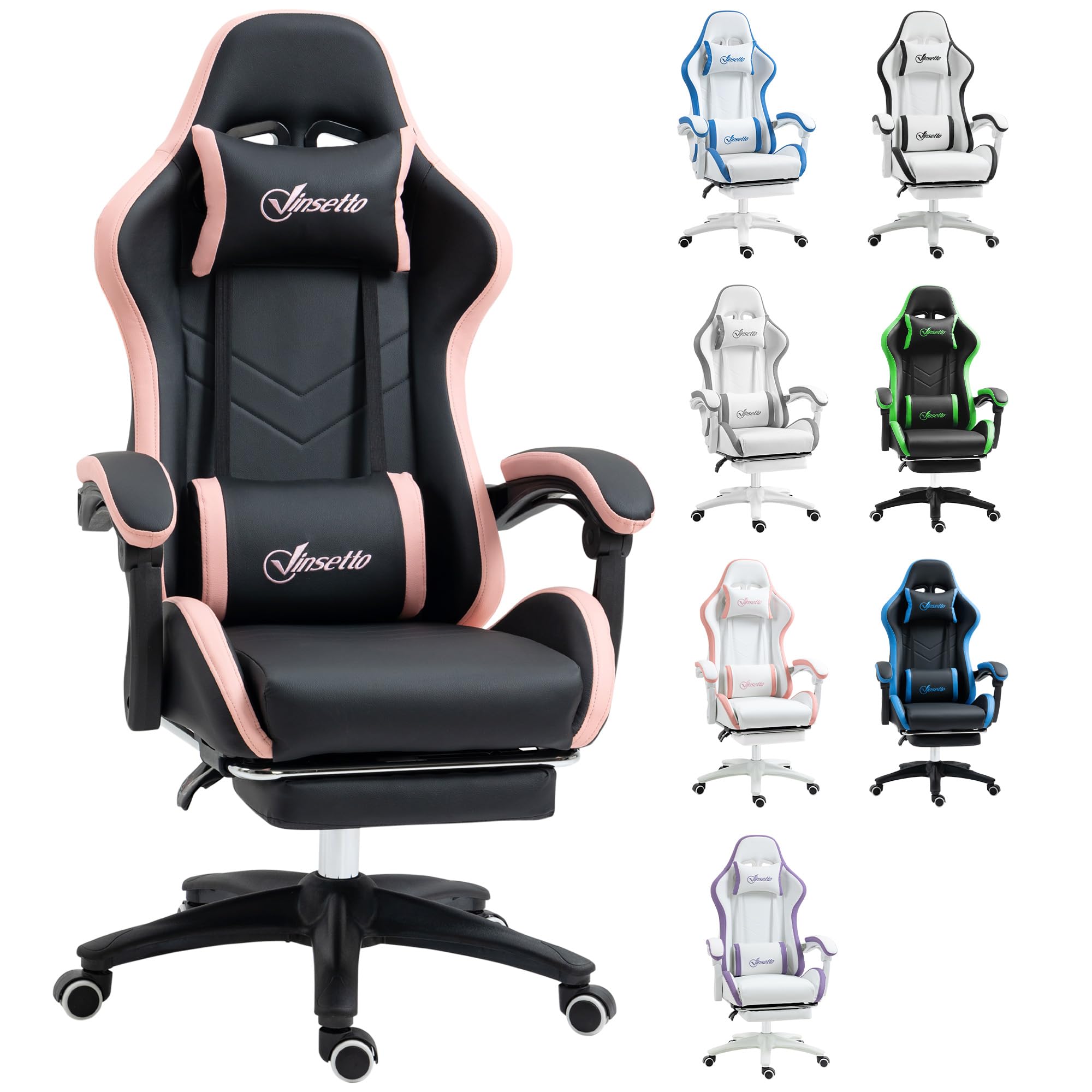 Vinsetto Silla Gaming Ergonómica, Silla Gamer de Cuero PU con Reclinable 135°, Soporte Lumbar, Altura Ajustable, Reposacabezas y Reposapiés Retráctil, para Oficina, Estudio, Negro y Rosa