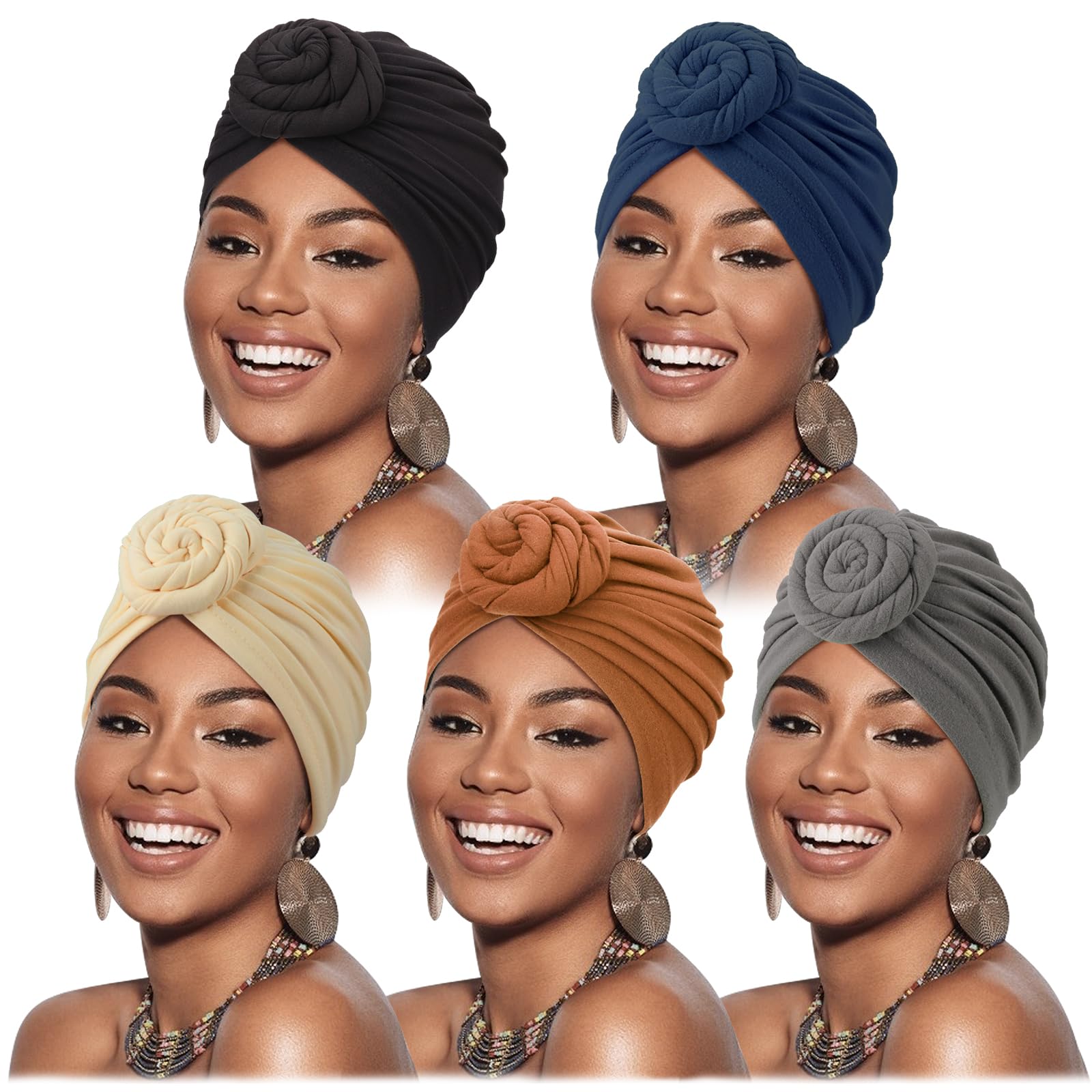 DRESHOW 5 Pack Knotted Headwraps for Women African Turban Pre-Knotted Beanie Headwraps Hair Covers
