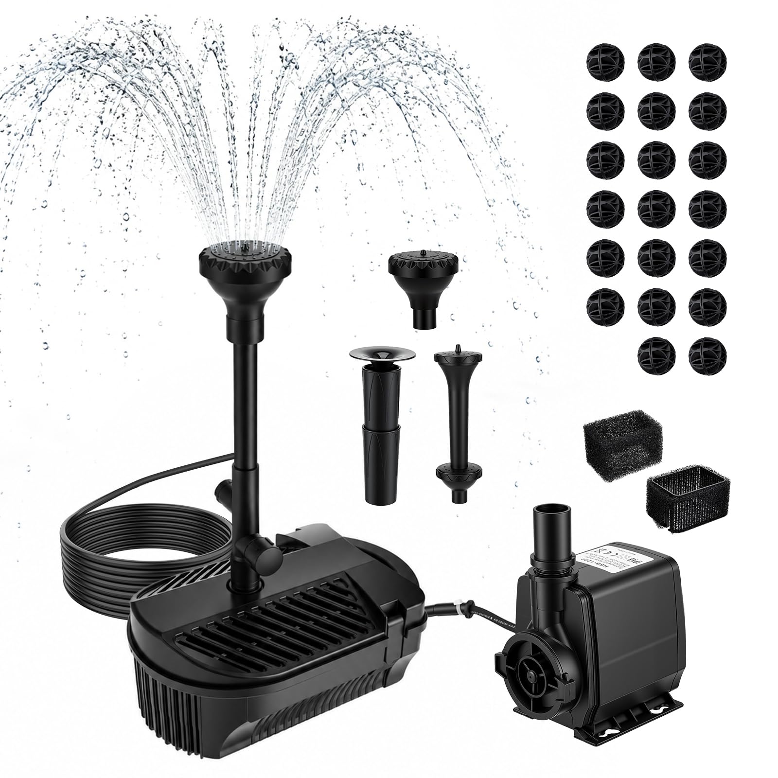 Pond Filter with Fountain Pump Kits, 3100 L/H Pond Filter with 60W Pond Pump & Fountain Kit, 5m Rubber Cord, Adjustable Flow with 3 Fountain Heads for Ideal for Outdoor Clean Koi-Pond