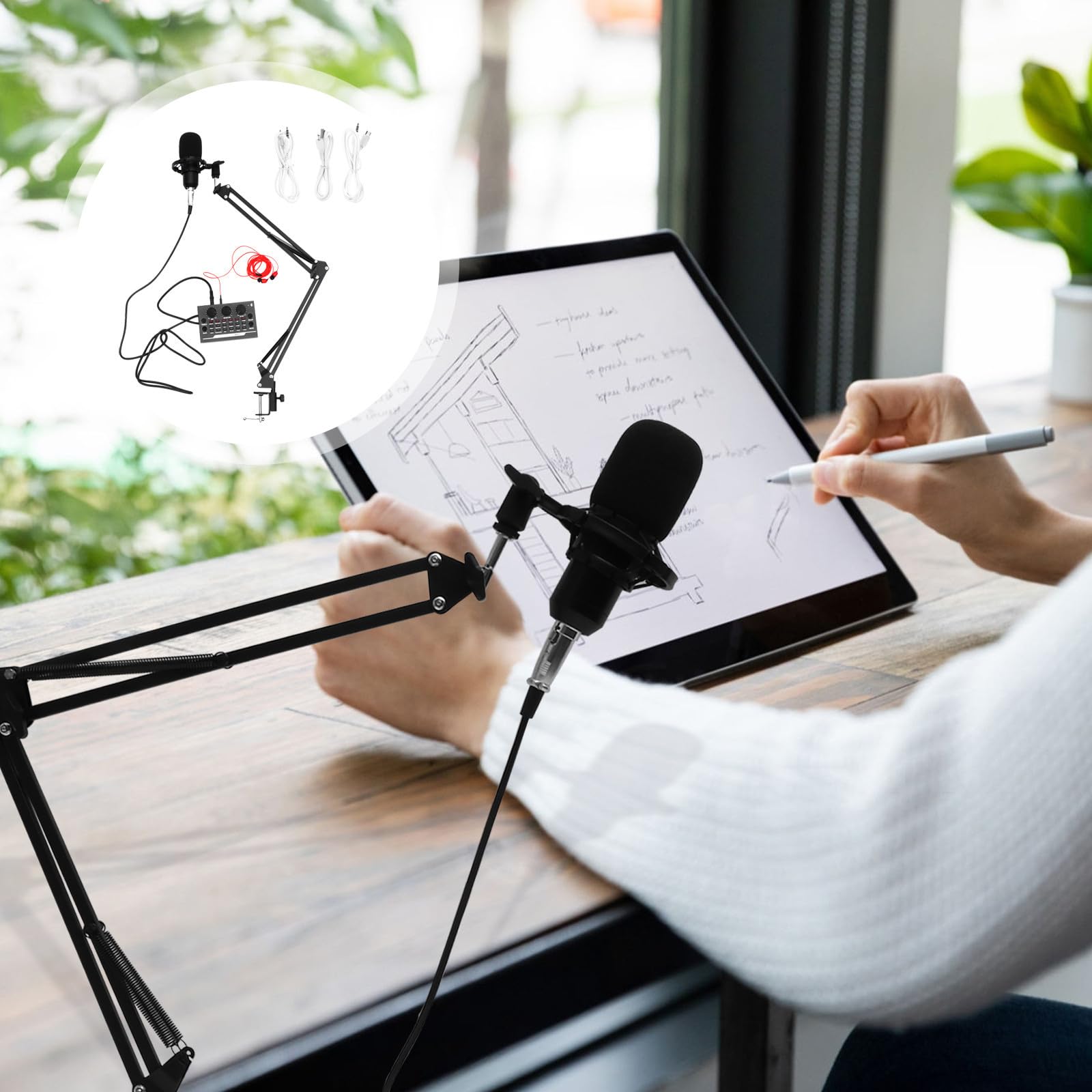 Ciieeo 11 Pezzi Kit Microfono Condensatore per Live Broadcast e Voce | Capacità 1765 Mah, Nero, Supporto a Cantilever Incluso, Metallo e Spugna-plastica