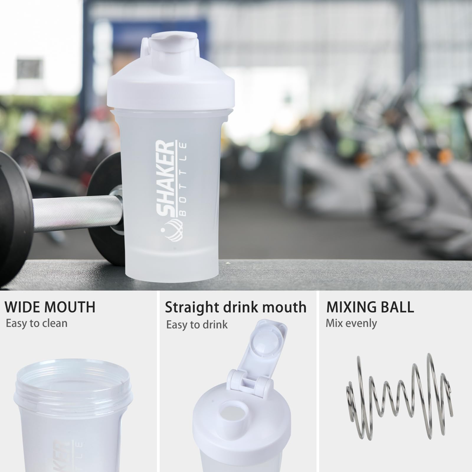 Botella mezcladora, botella pequeña de 400 ml con bola mezcladora, portátil de 14 onzas para gimnasio, para entrenamiento, sin BPA, 100 % a prueba de fugas, apta para lavavajillas (blanco)