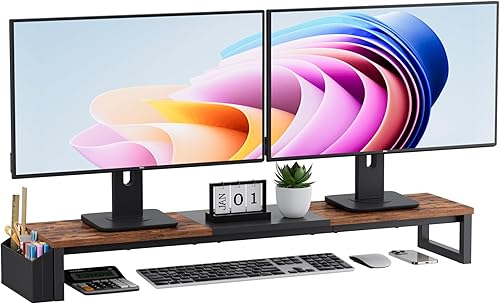 Soporte elevador de monitor doble, soporte de madera extra largo de 41.5 pulgadas, organizador de escritorio con bolsillo lateral, elevador de
