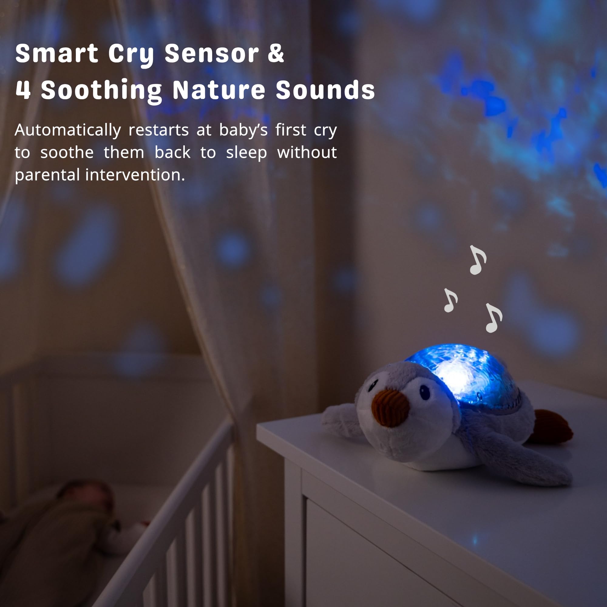 Cloud b Tranquil Penguin - Eco Baby Night Light & Sound Machine, Ocean Wave Projector, Cry Sensor, White Noise, USB-C Rechargeable, 100% Recycled Fabric