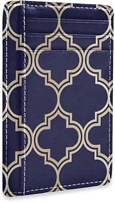 Gold-colored Moroccan Tiles Seamless on Dark Blue Slim Minimalist Wallet, Front Pocket RFID Blocking Leather Credit Card Holder, Case Protector Covers for Men Women