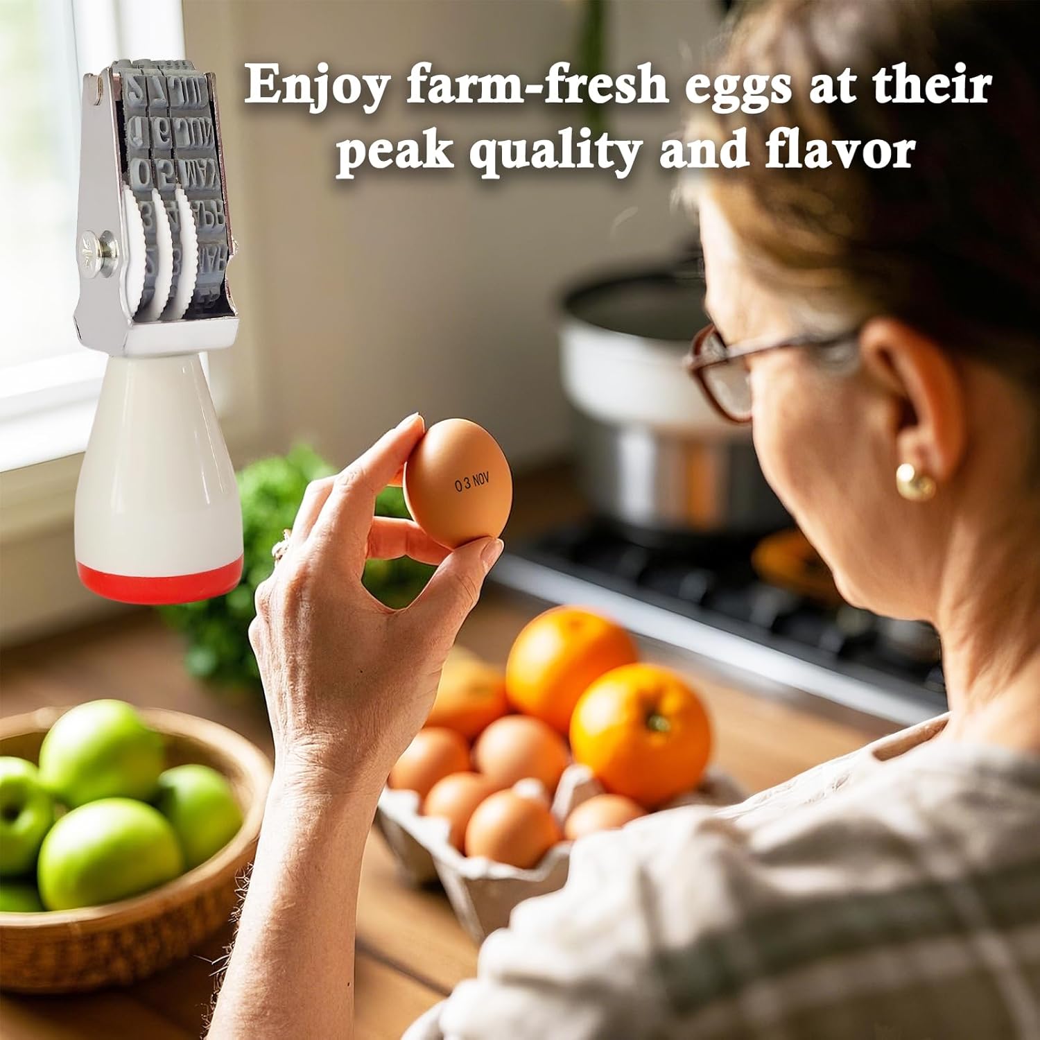 エッグデートキット、日付スタンプ、色あせ防止インク2個(赤と黒)、スタンプパッド、ファームフレッシュエッグ50冊の説明書、チキンダッ