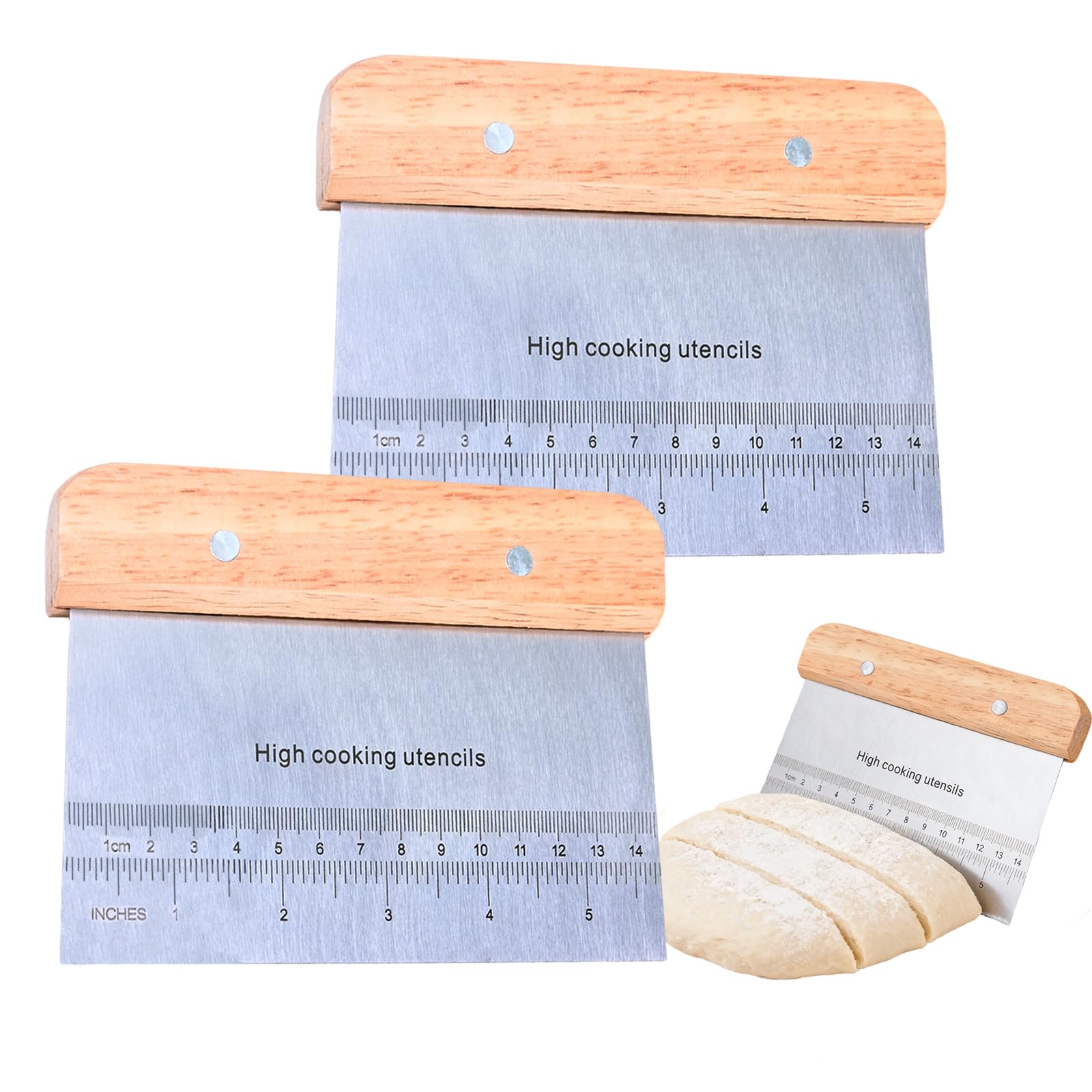 Kaiyzo 2-Teiliges Set Mit Teigkarte Edelstahl Und Küchenschaber, Doppelskala In Zoll & CM, Mit Holzgriff, Ideal Für Backen, Kochen Und Als Gadgets Zum Keksbacken