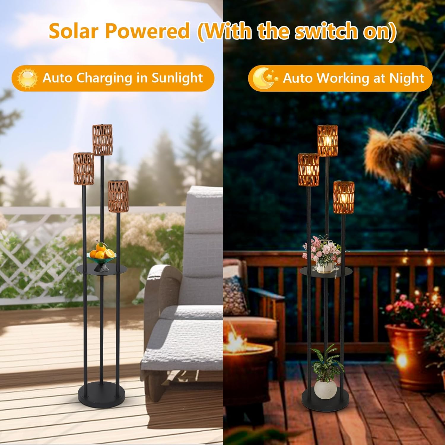 Outdoor Floor Lamp Solar Powered Waterproof, Outdoor Lamps for Patio with Plastic Rattan Shade, Cordless Solar Lights with Shelves Plant Stand, Boho Outdoor Lamps for Deck Porch Yard Garden Decor