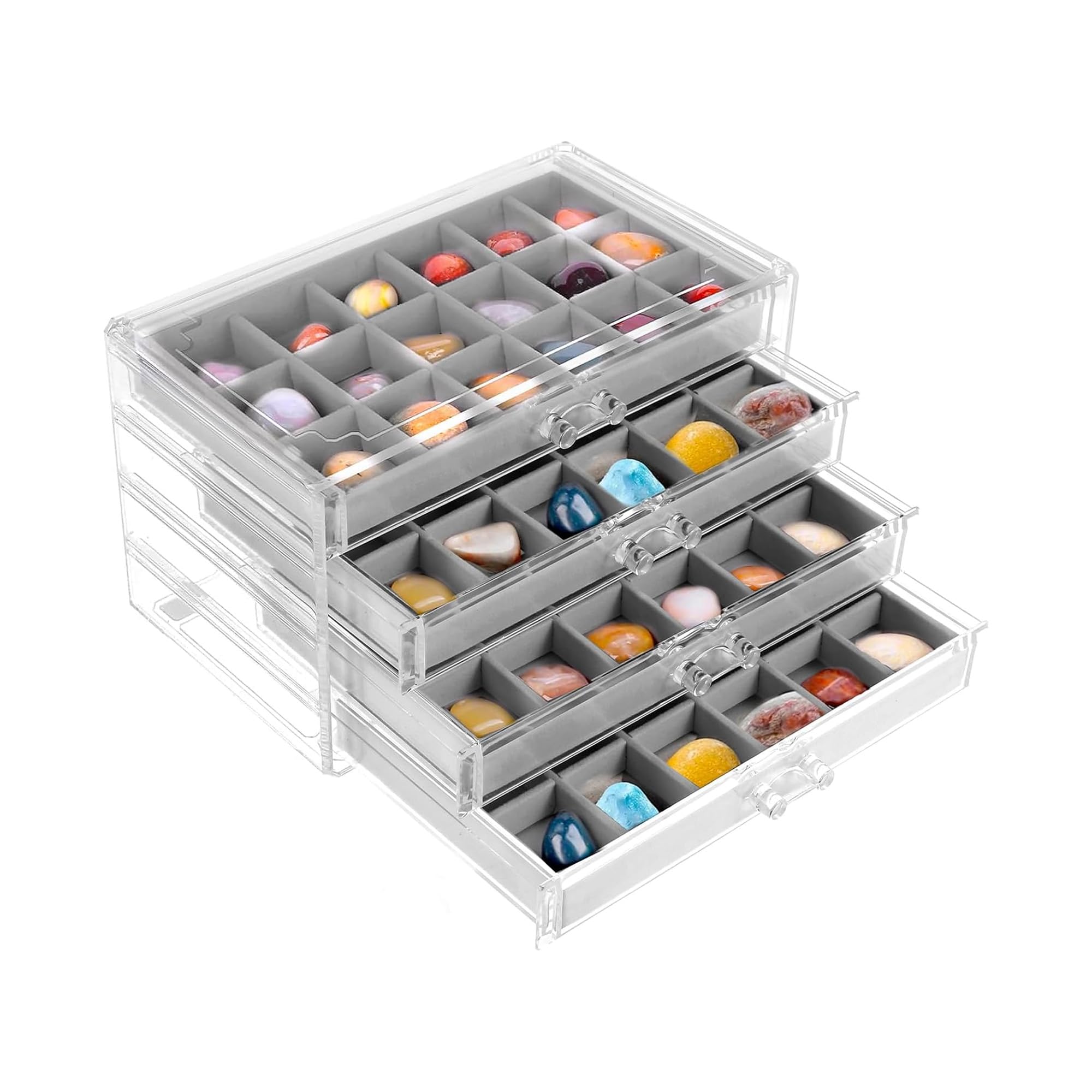 Yozaiuui Silver Small Rock Display Case For Collectors: 4 Drawers 72 Grids Rock Collection Box Clear Acrylic Crystal Storage Box For Gemstone Fossil Crystal Stone Jewellery