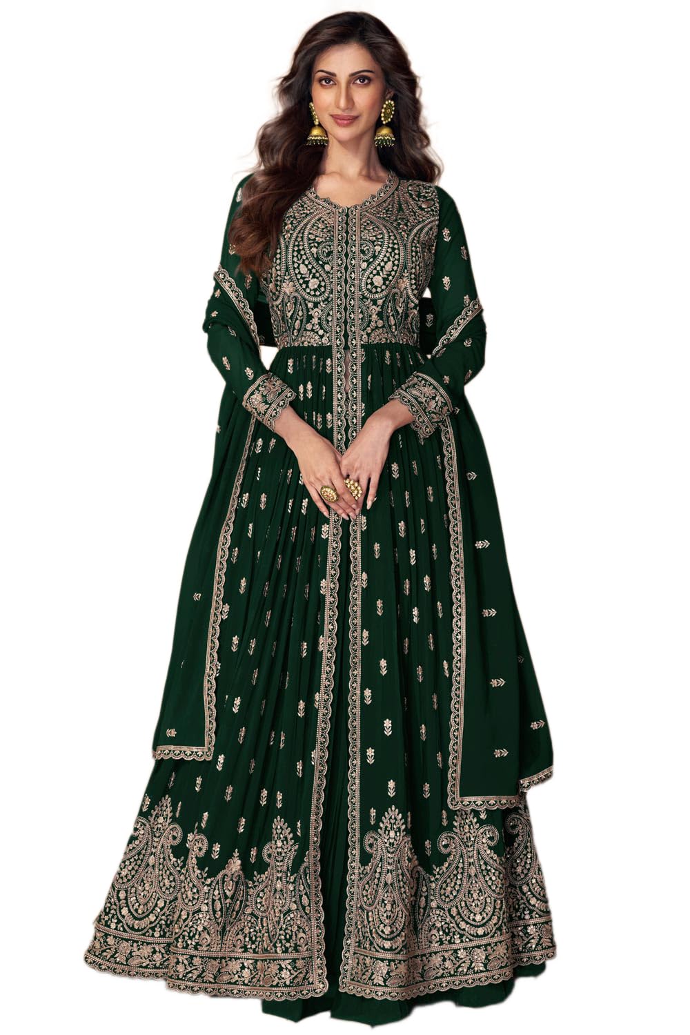 miss ethnik Women's Green Faux Georgette Stitched Top With Stitched Bottom and Dupatta Full Sleeve Embroidered Anarkali Top (ME-1148-Green-M)-picture-54
