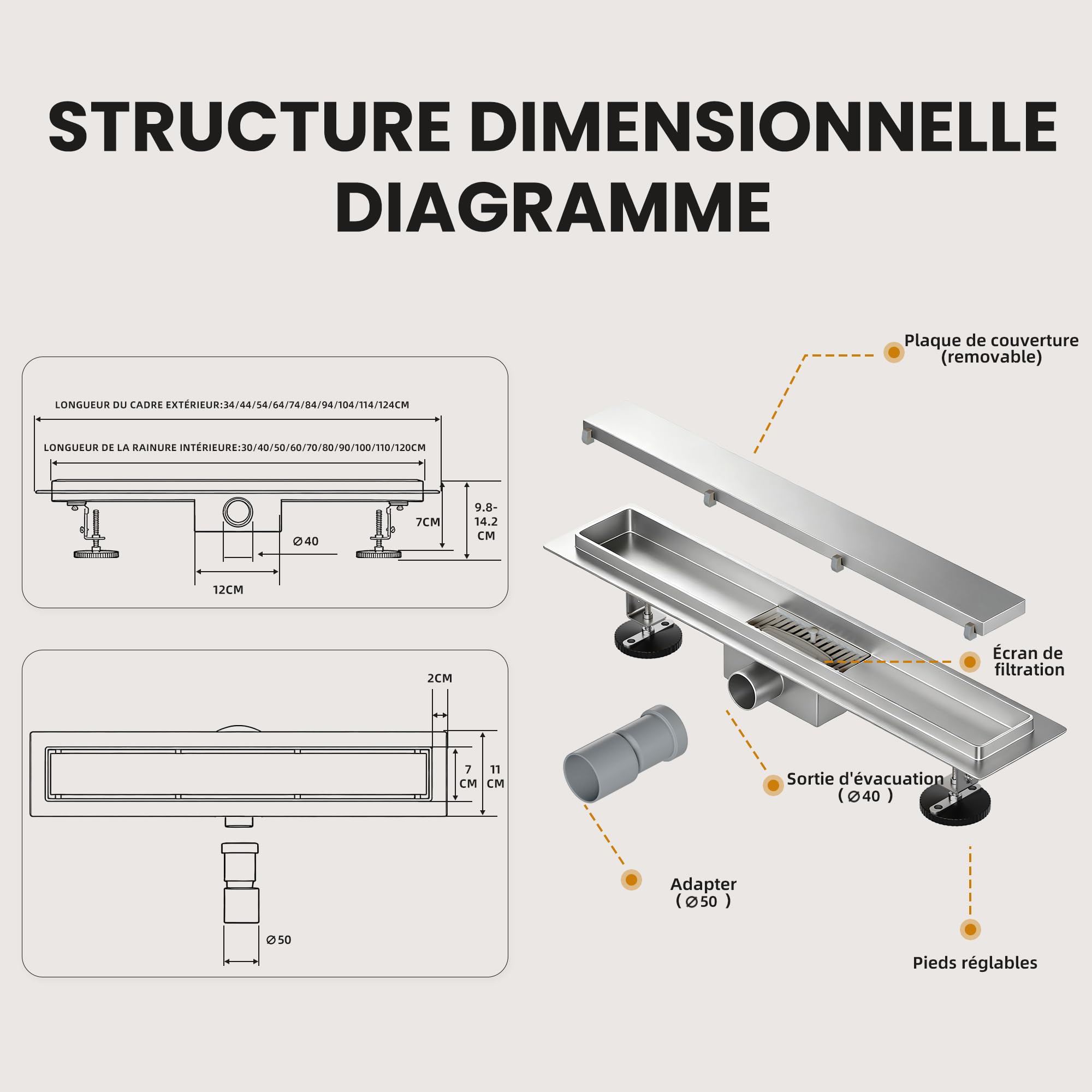 Caniveau Douche Italienne 50 cm | Carrelable avec Siphon Anti-Odeurs, Filtre à Cheveux et Design Sans Seuil pour Douche Italienne, Acier Inoxydable AISI 304