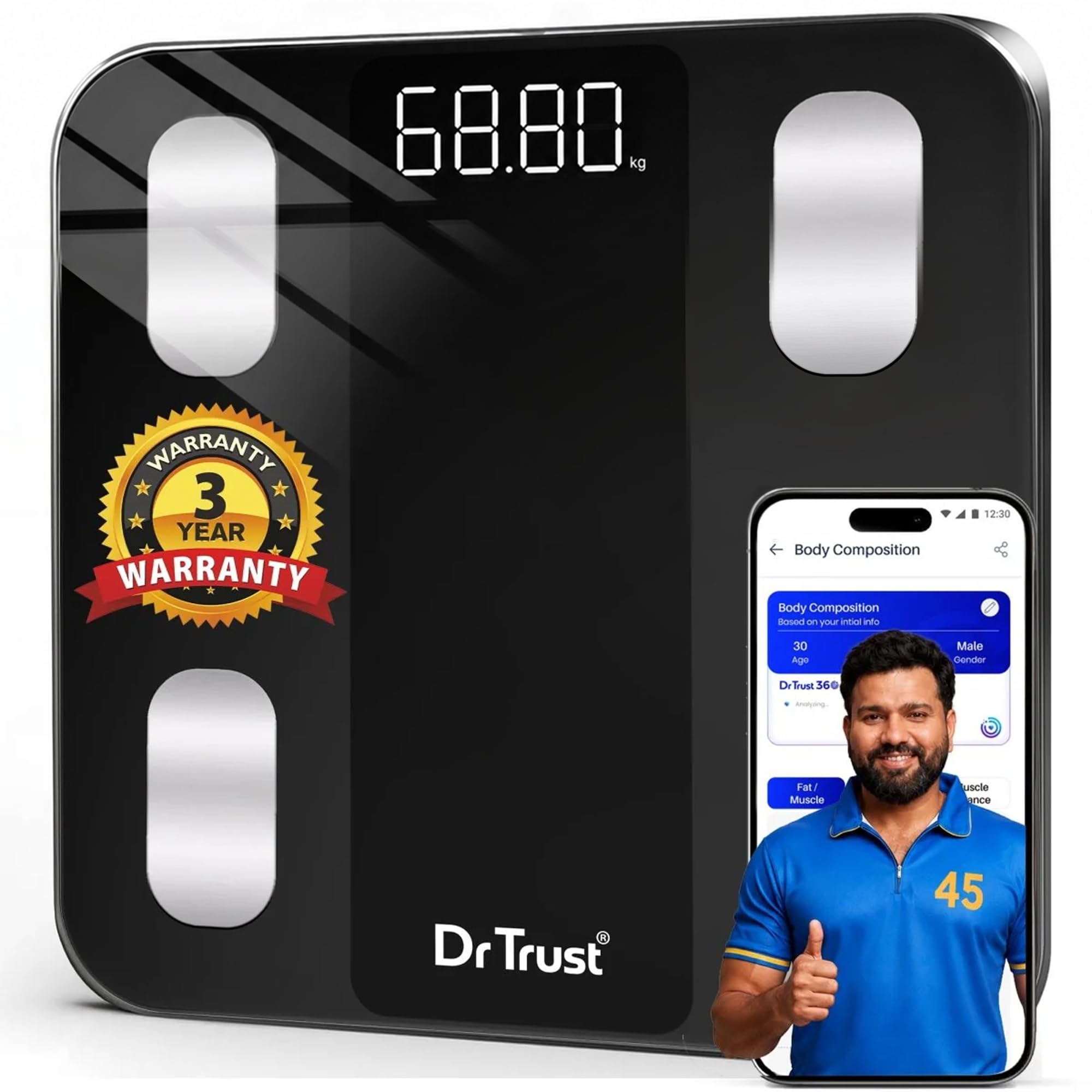 Dr Trust USA Legend BMI Weight Scale & Body Fat Analyzer with IOS/Android App Sync, 14 Essential Composition Metrics Weighing Machine -526 for Home Health Monitoring (Black)